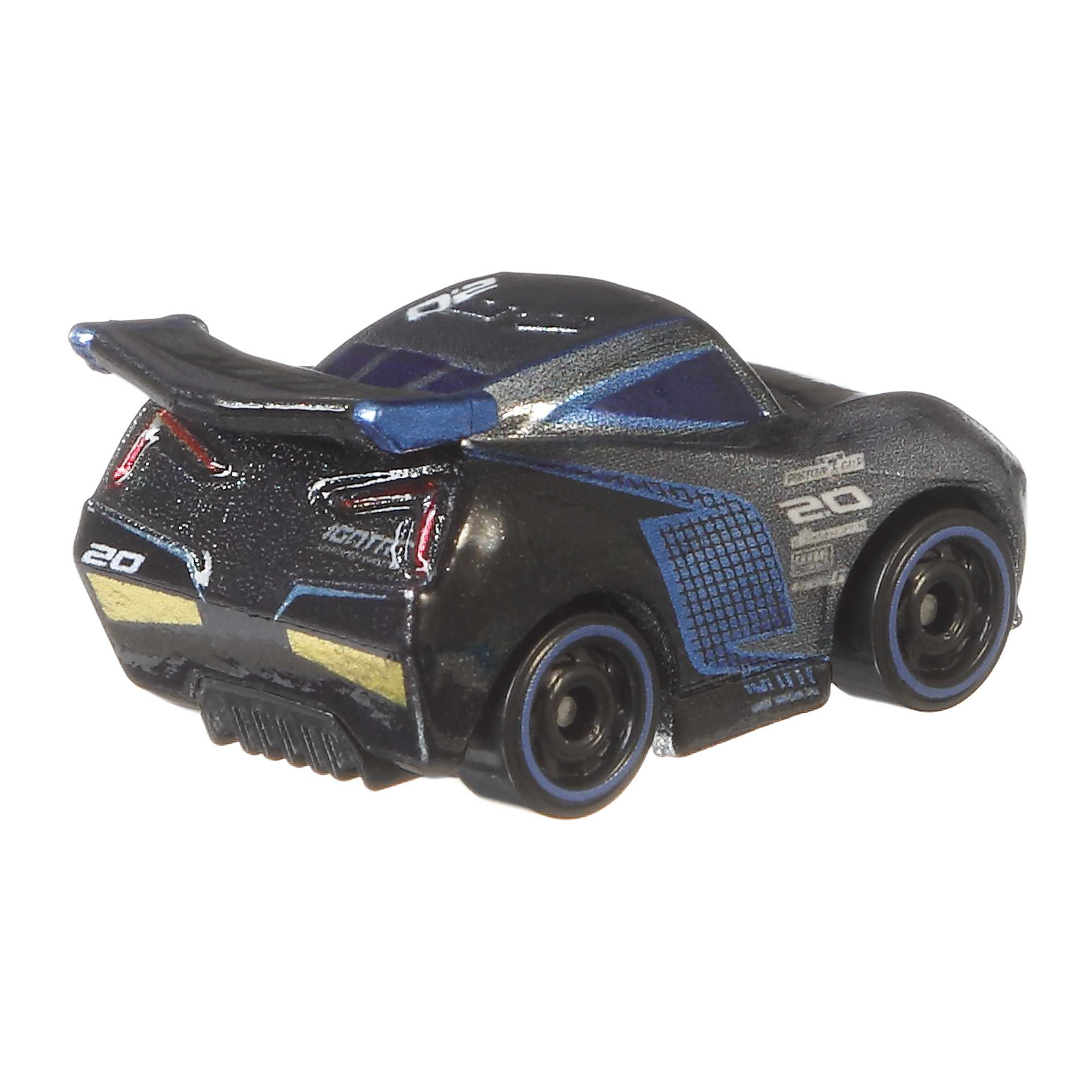 Zwarte en blauwe speelgoed raceauto, achteraanzicht. Nummer 20 aan de zijkant. Geïsoleerd op wit.