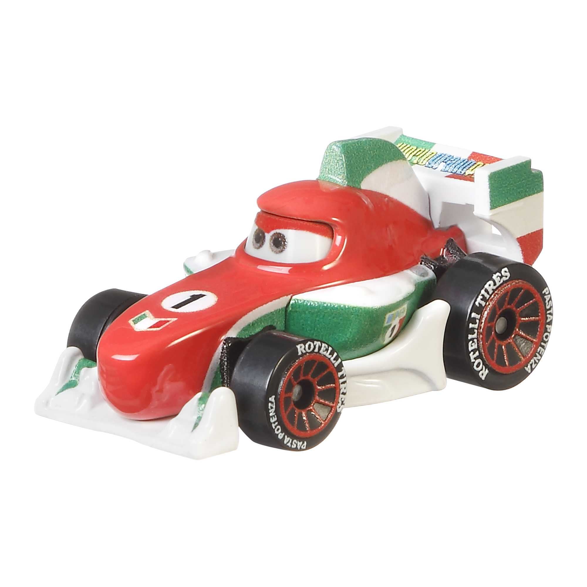 Rode, witte en groene speelgoed raceauto. Italiaanse vlagkleuren. Zwarte banden. Geïsoleerd op wit.