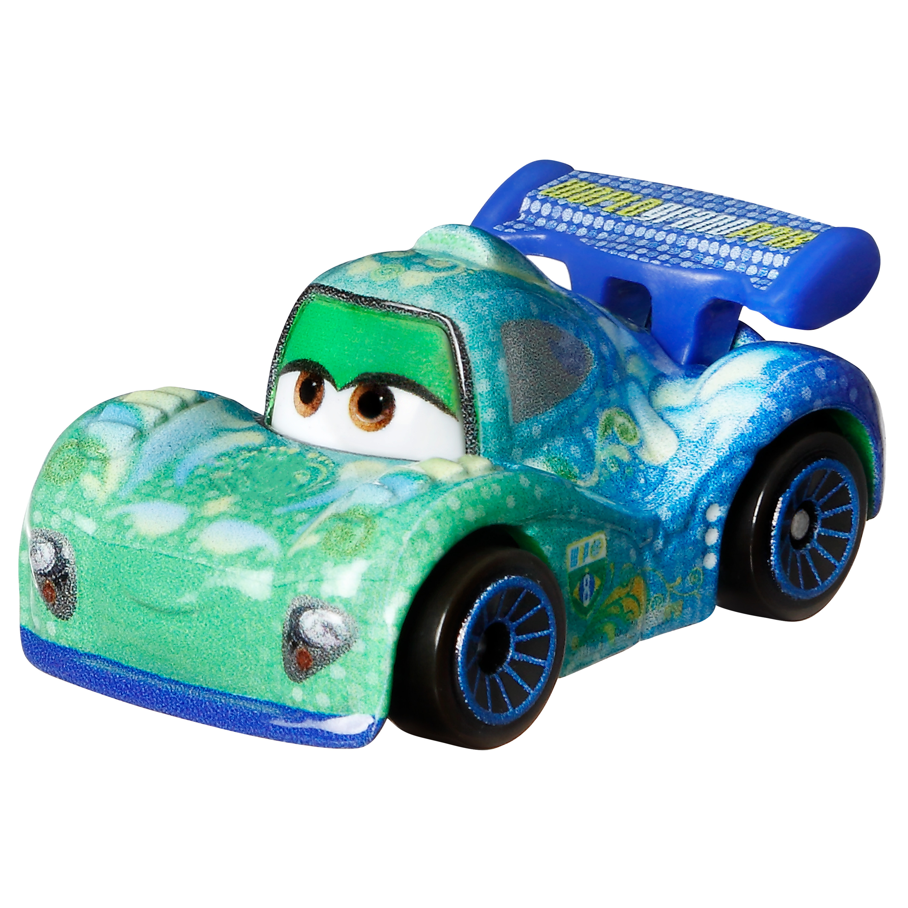 Groene en blauwe speelgoedauto met ogen. Blauwe spoiler. Geïsoleerd op wit.