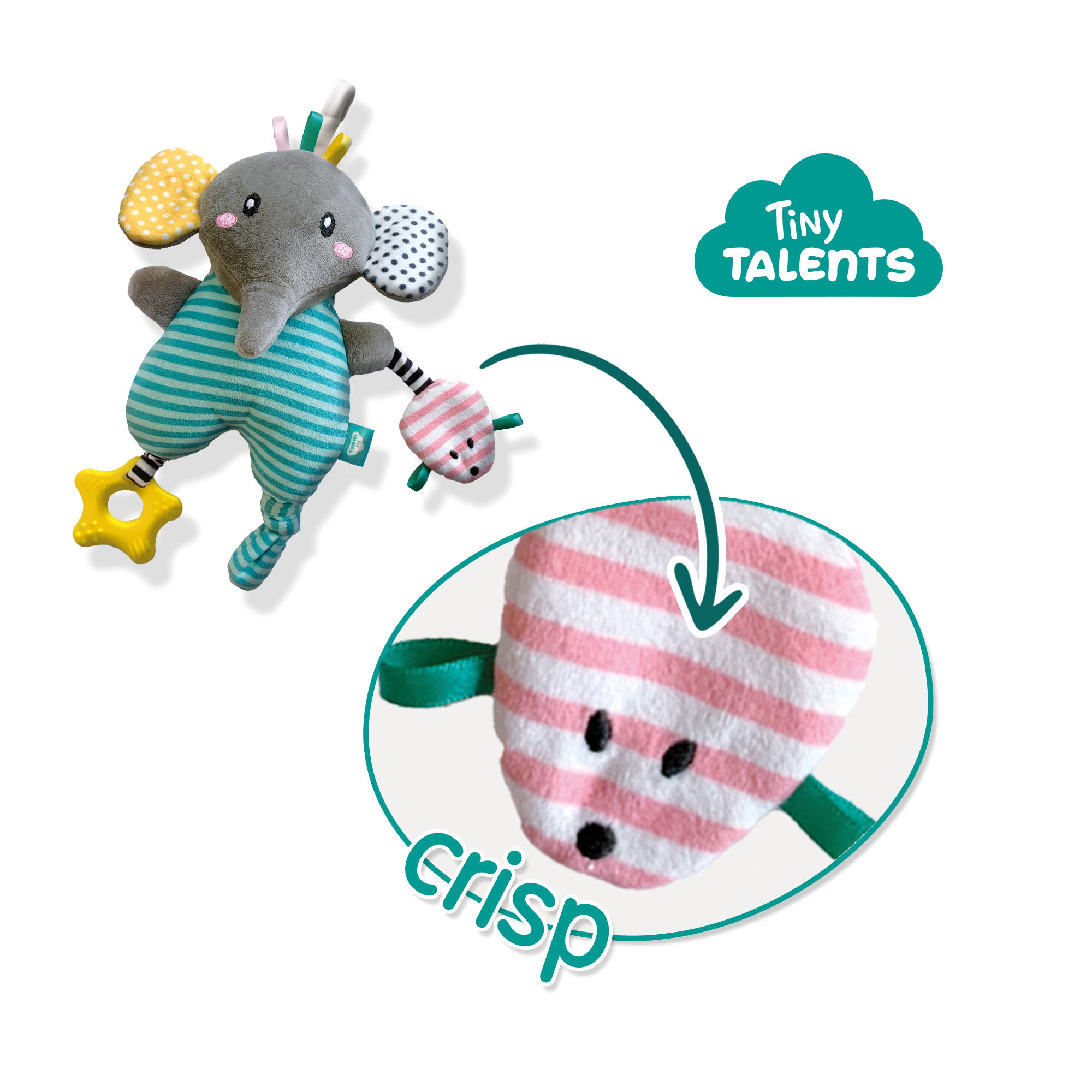 Spielzeug-Elefant mit gestreiftem Körper, Stern und gestreiftem Herz. Tiny Talents Logo und weißer Hintergrund.