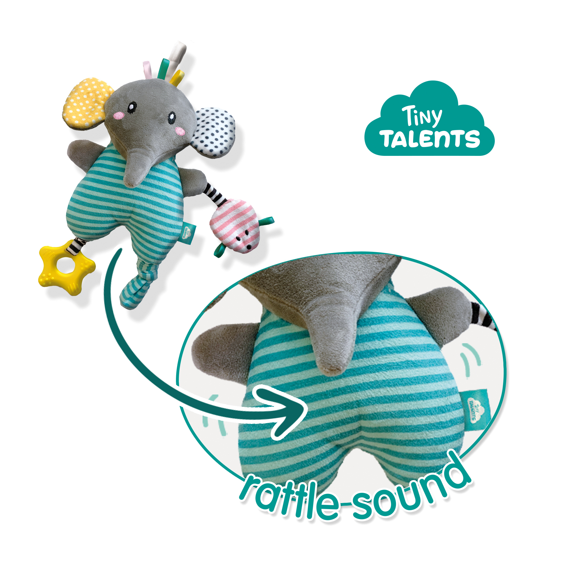 Graues Elefanten-Plüschtier mit blau gestreiftem Bauch. Eine Textblase liest 'rattle-sound'.