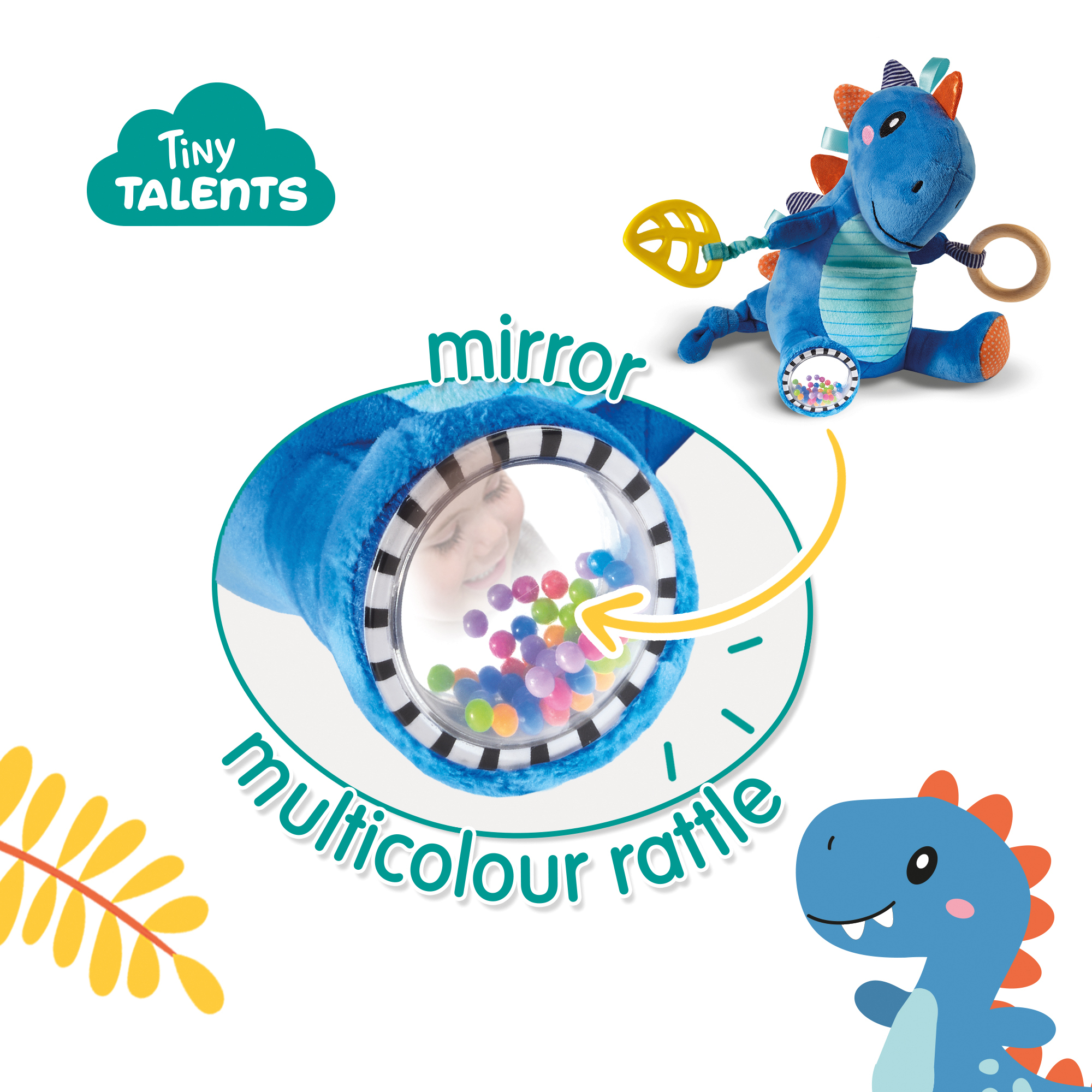 Zbliżenie zabawki dinozaura z lusterkiem i grzechotką. Tekst: lusterko i wielokolorowa grzechotka.