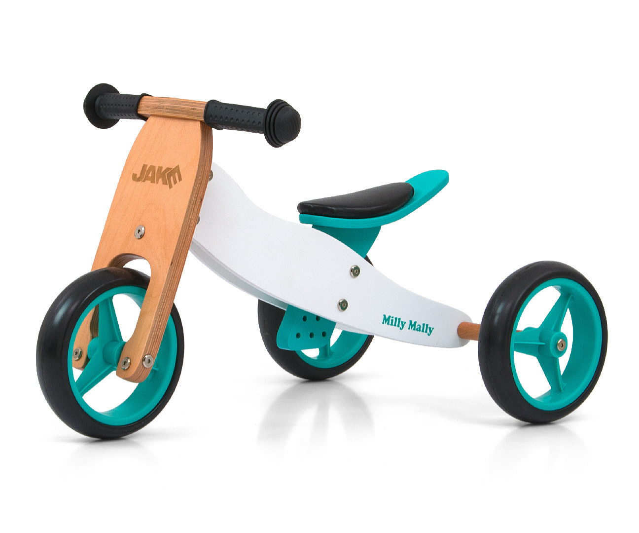 Bicicletta giocattolo in legno. La bici è marrone chiaro e bianca con ruote e sedile turchese.