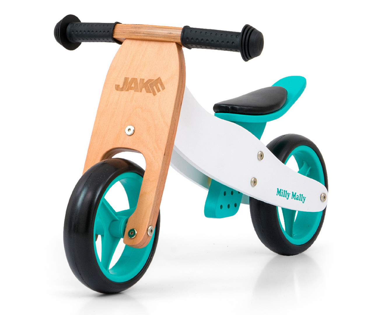 Una bici senza pedali in legno con pneumatici neri e dettagli verde acqua. Il marchio JAKK è sulla parte anteriore.