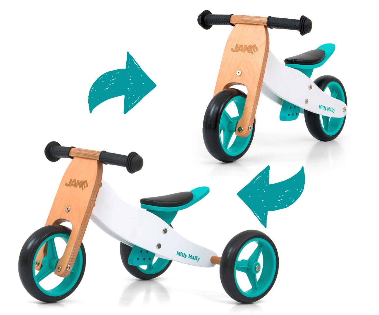 Bicicletta giocattolo in legno. Due bici, una è una bici senza pedali, l'altra è un triciclo.