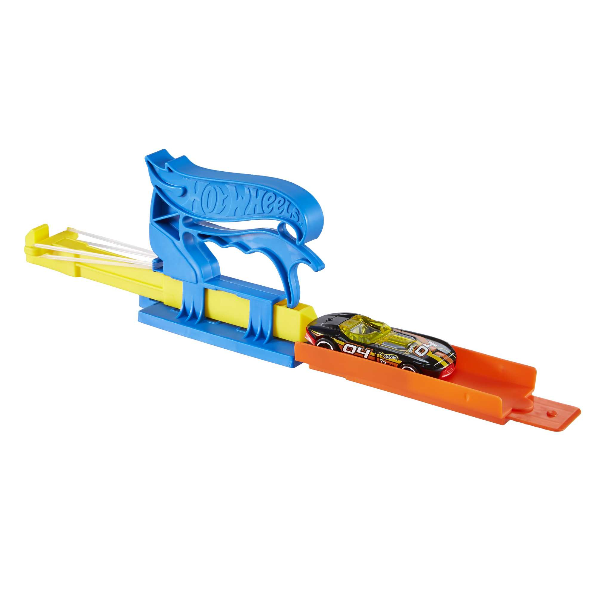 Zabawkowy samochód na torze z wyrzutnią. Samochód jest czarny i żółty. Tor jest niebiesko-pomarańczowy.