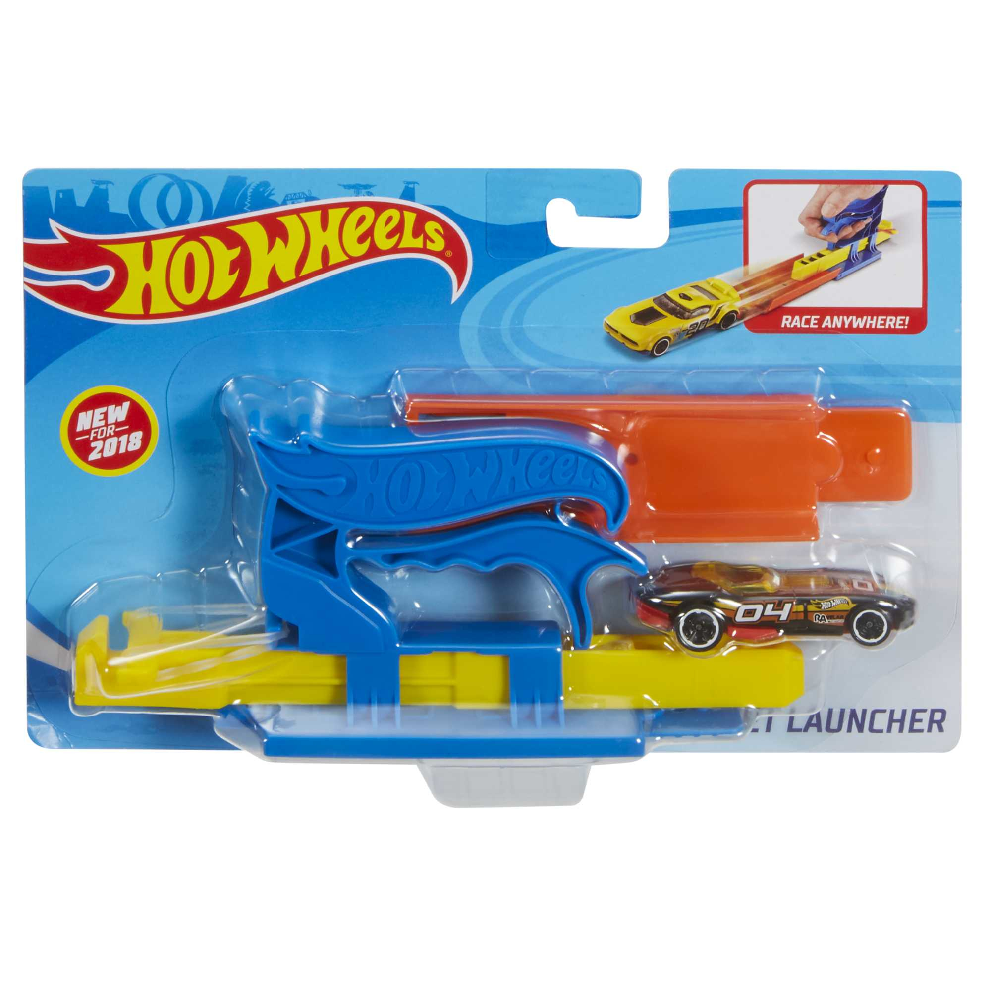 Zestaw wyrzutni samochodzików Hot Wheels. Zawiera wyrzutnię i samochód. Kolory niebieski i pomarańczowy.