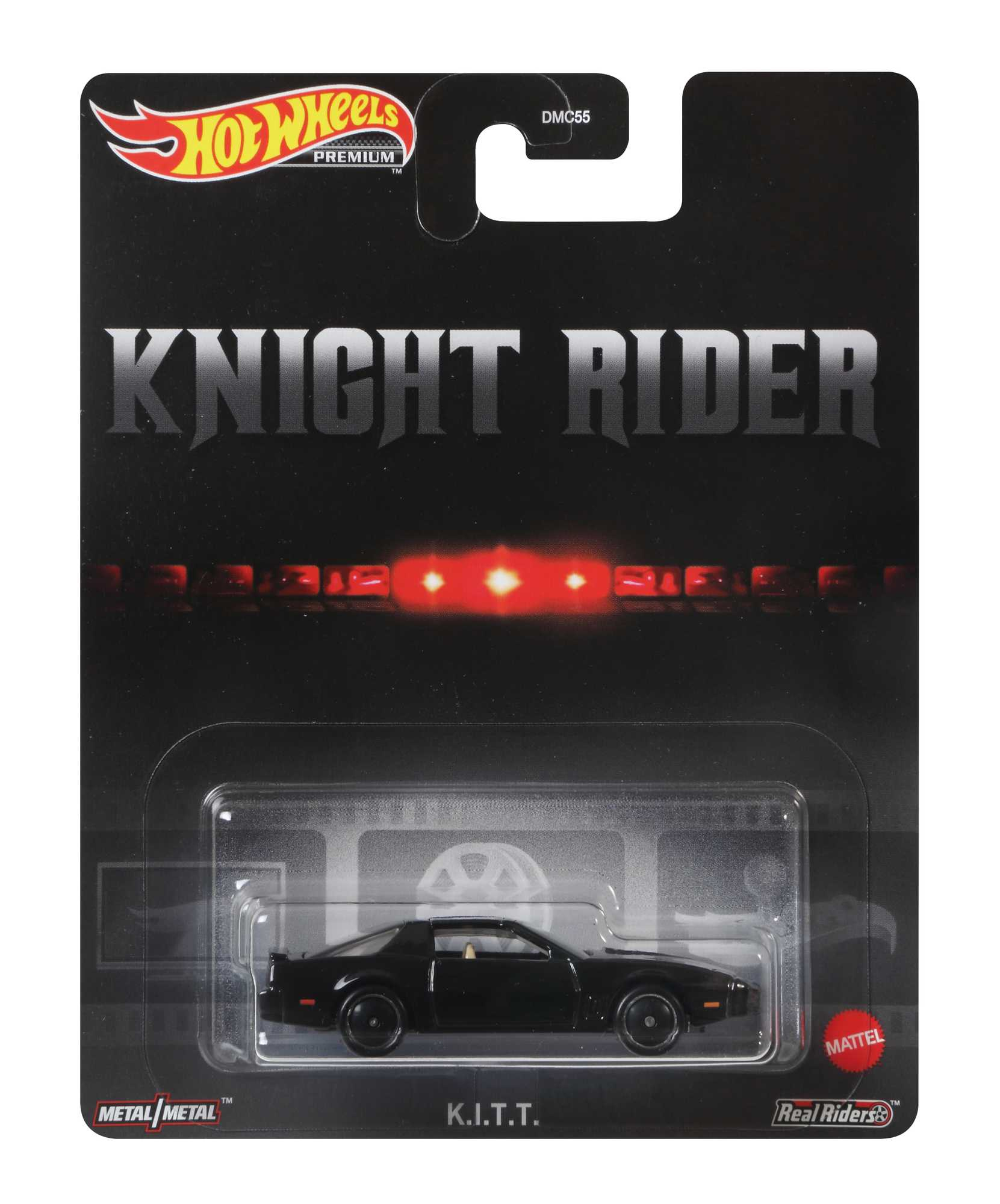 Czarny Hot Wheels Knight Rider K.I.T.T. na czarnym i czerwonym tle, w opakowaniu Hot Wheels.