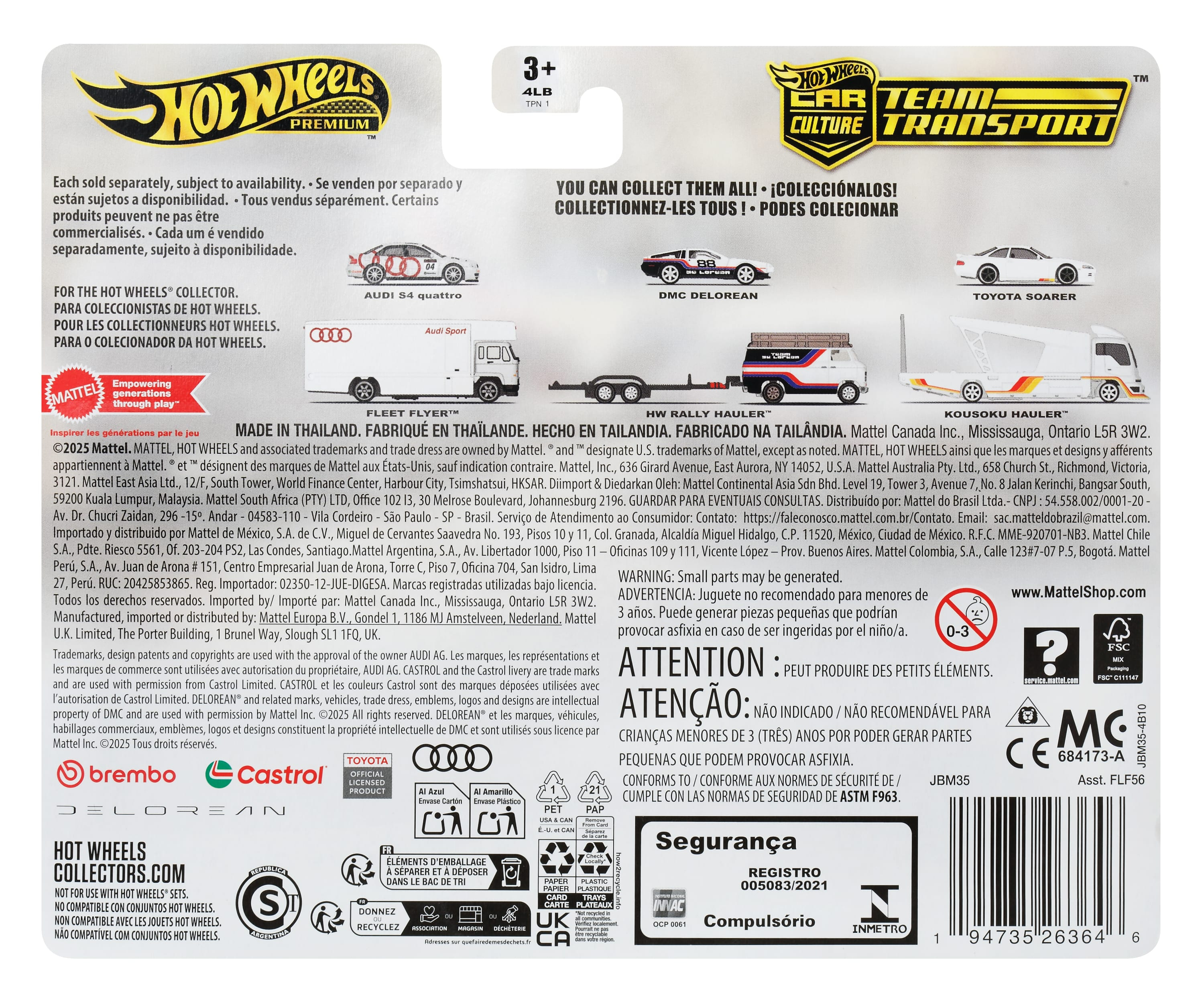 Rückseite einer Hot Wheels Auto-Transport-Spielzeugverpackung. Text und Bilder mit weißem Hintergrund.