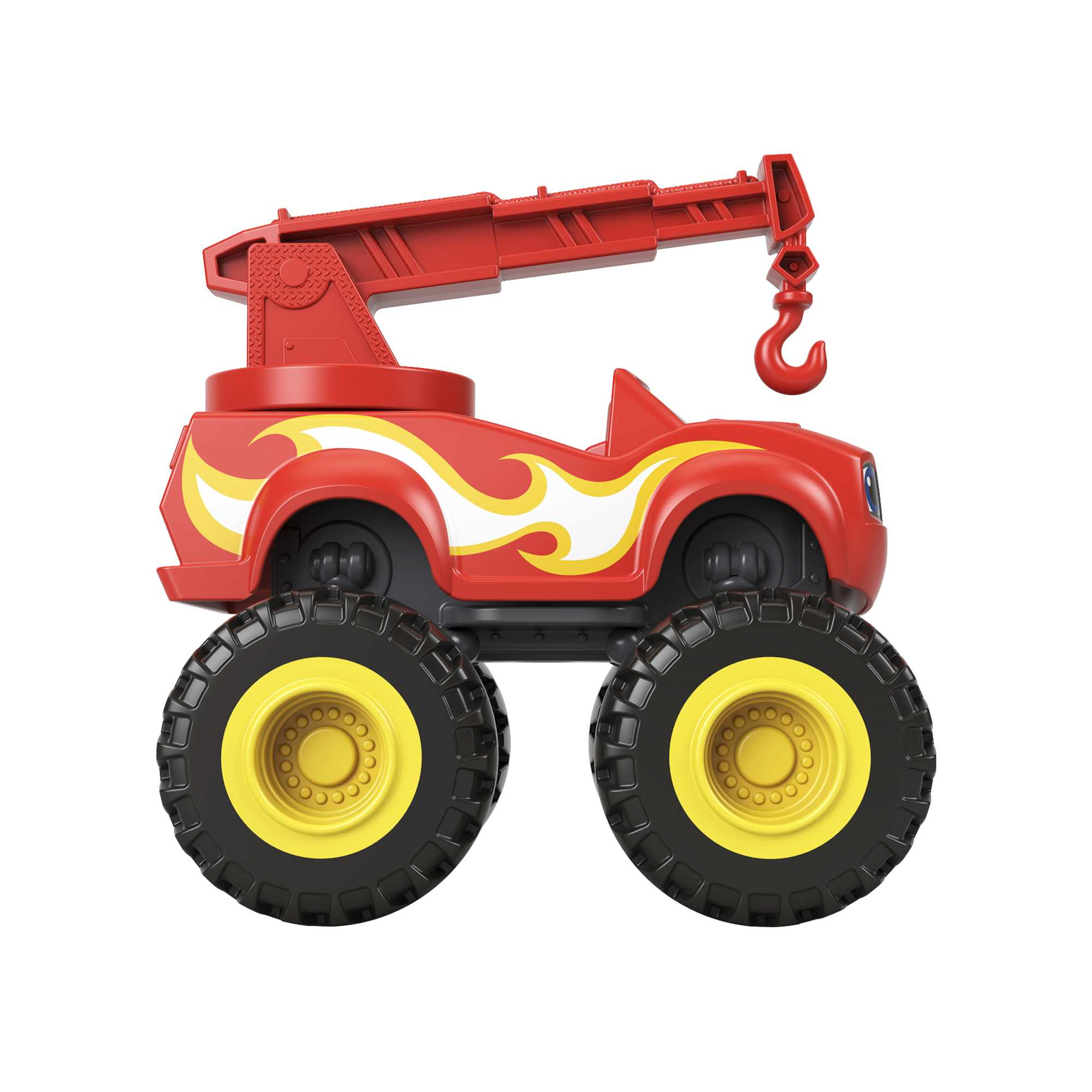 Roter Monstertruck mit Kran, gelben Flammen, schwarzen Reifen und weißem Hintergrund.