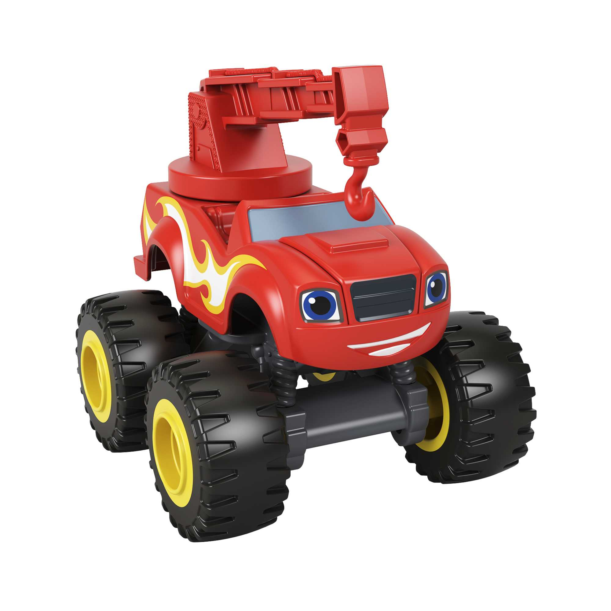 Roter Monster-Truck-Spielzeug mit Kranarm. Gelbe Flammen an der Seite. Schwarze Reifen, gelbe Felgen. Weißer Hintergrund.