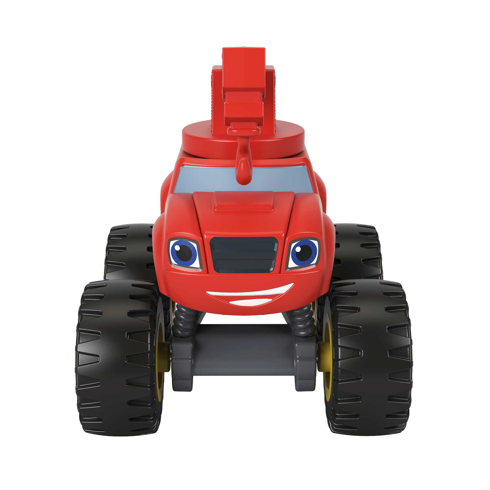 Roter Monstertruck mit blauen Augen, schwarzen Reifen und gelben Akzenten, vor weißem Hintergrund.