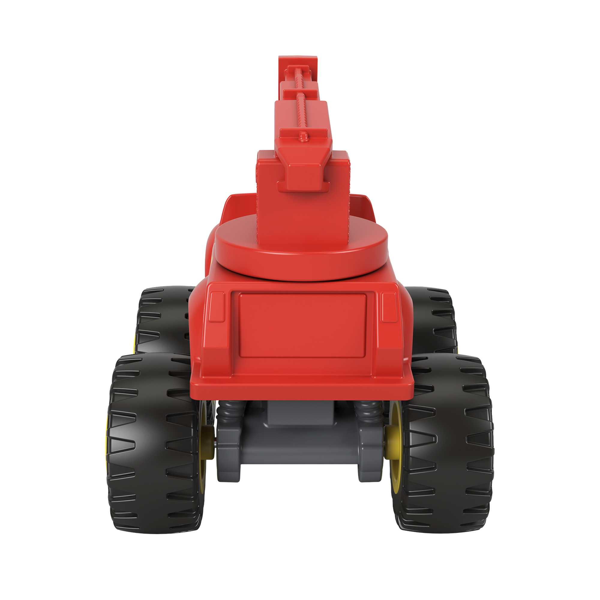 Rückansicht eines roten Monster-Truck-Spielzeugs. Schwarze Reifen mit gelben Felgen. Grauer Unterbau. Weißer Hintergrund.