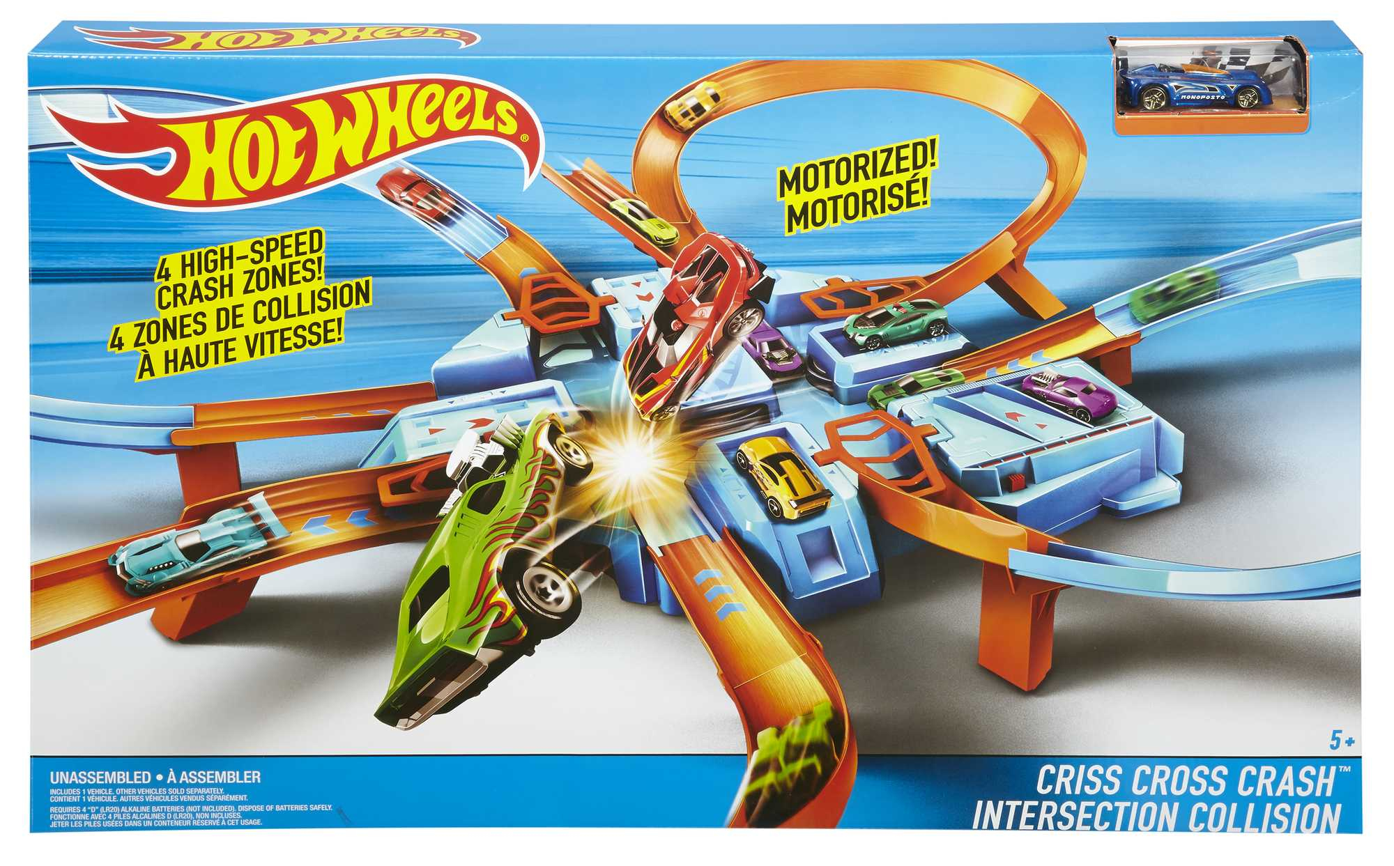Hot Wheels Strecken-Set mit Autos. Blaue Strecke mit orangen Stützen. Autos fahren auf Strecken.