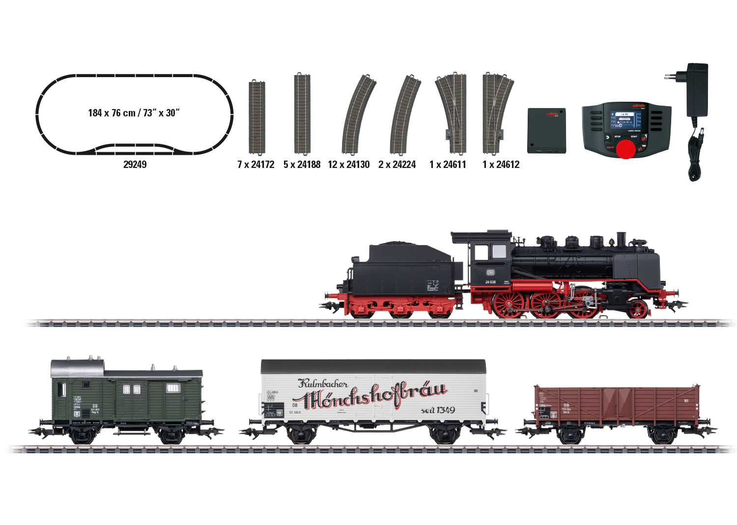 Set di trenini. Treno nero con tre vagoni, binari e accessori. Sfondo bianco.