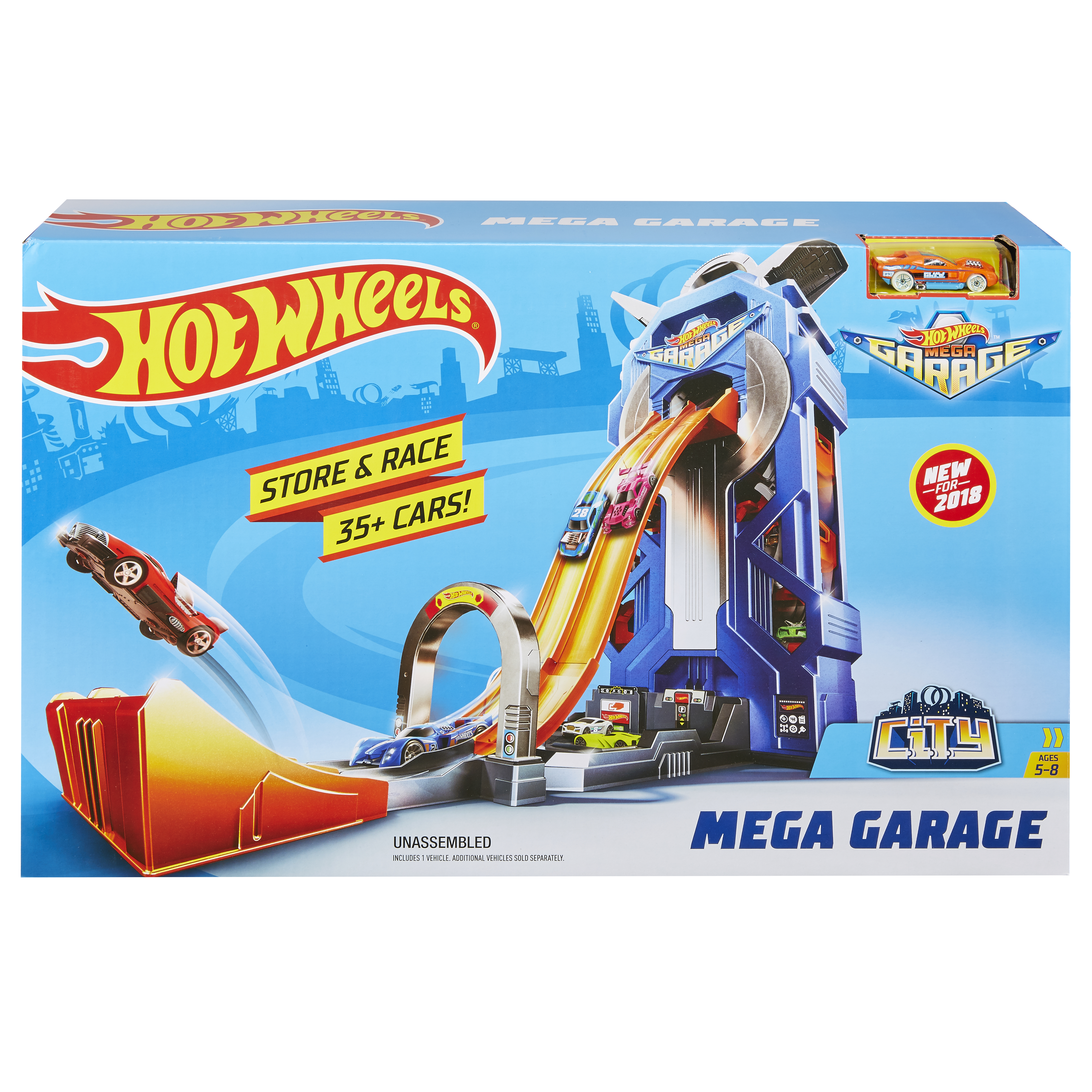 Pudełko Hot Wheels Mega Garage. Pokazuje zestaw garażowy z torem i samochodami.