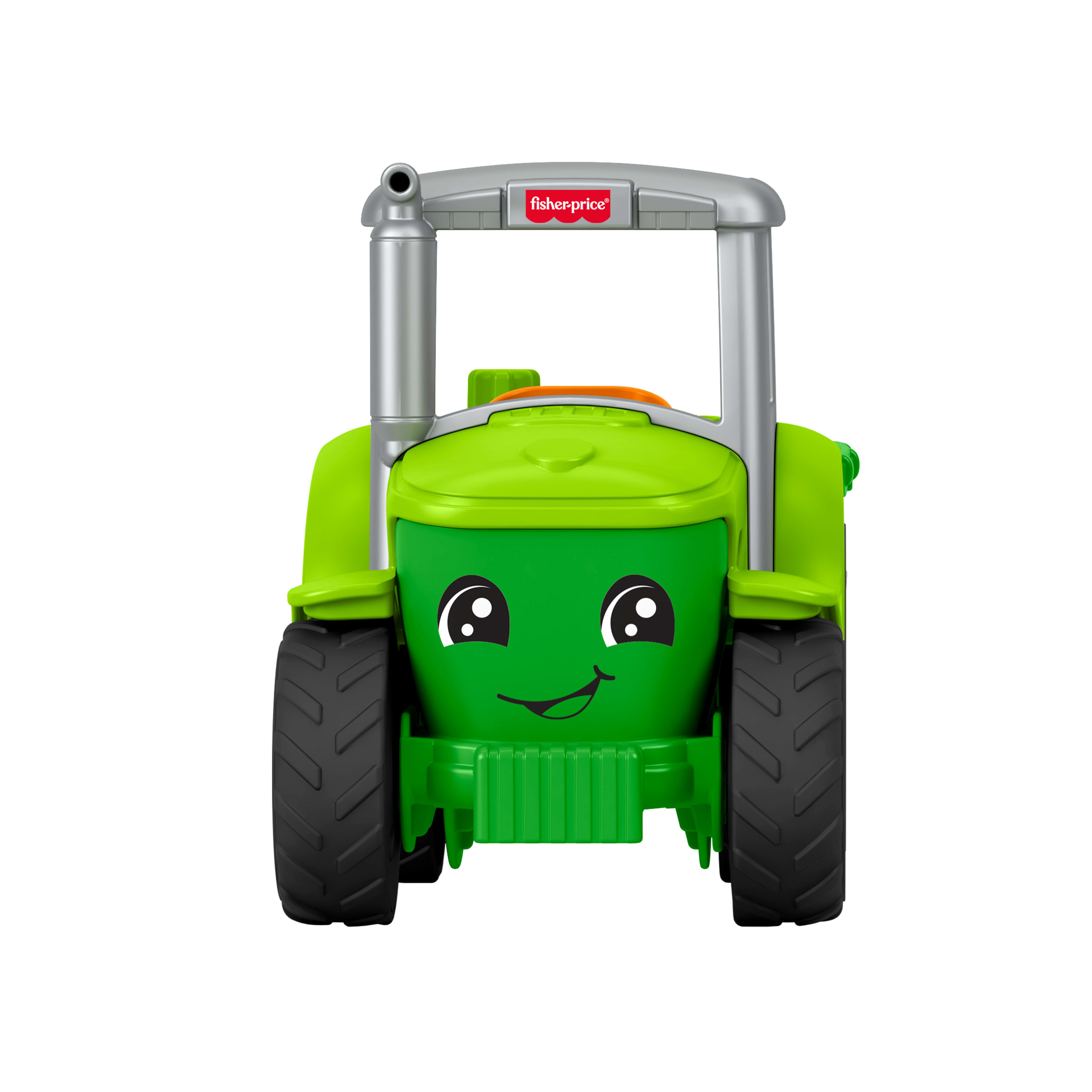 Zielony traktor Fisher-Price z uśmiechniętą twarzą i czarnymi oponami. Srebrny pałąk nad nim.