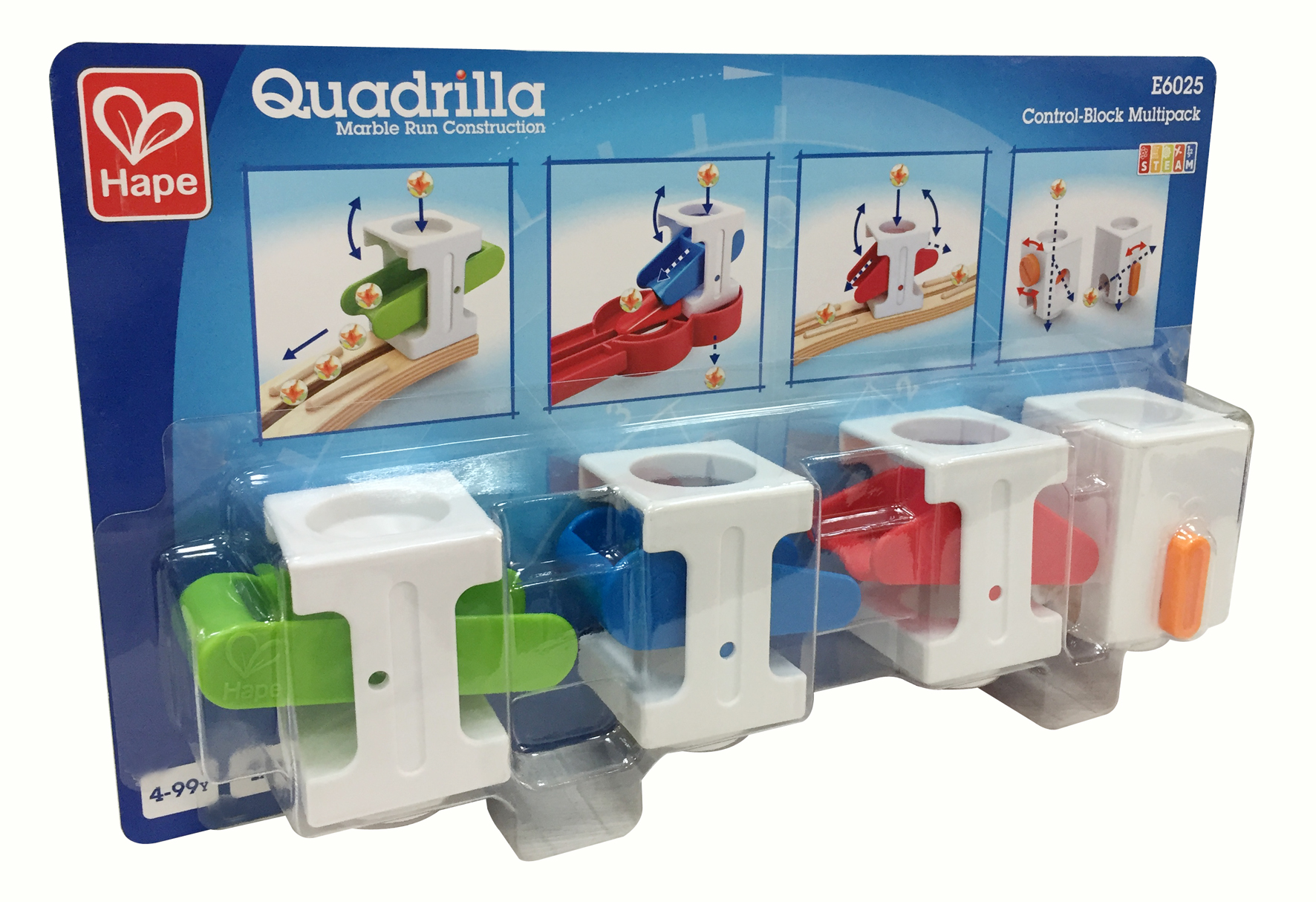 Opakowanie zabawki Quadrilla marble run. Pokazuje zabawkę z kulkami na różnych etapach.