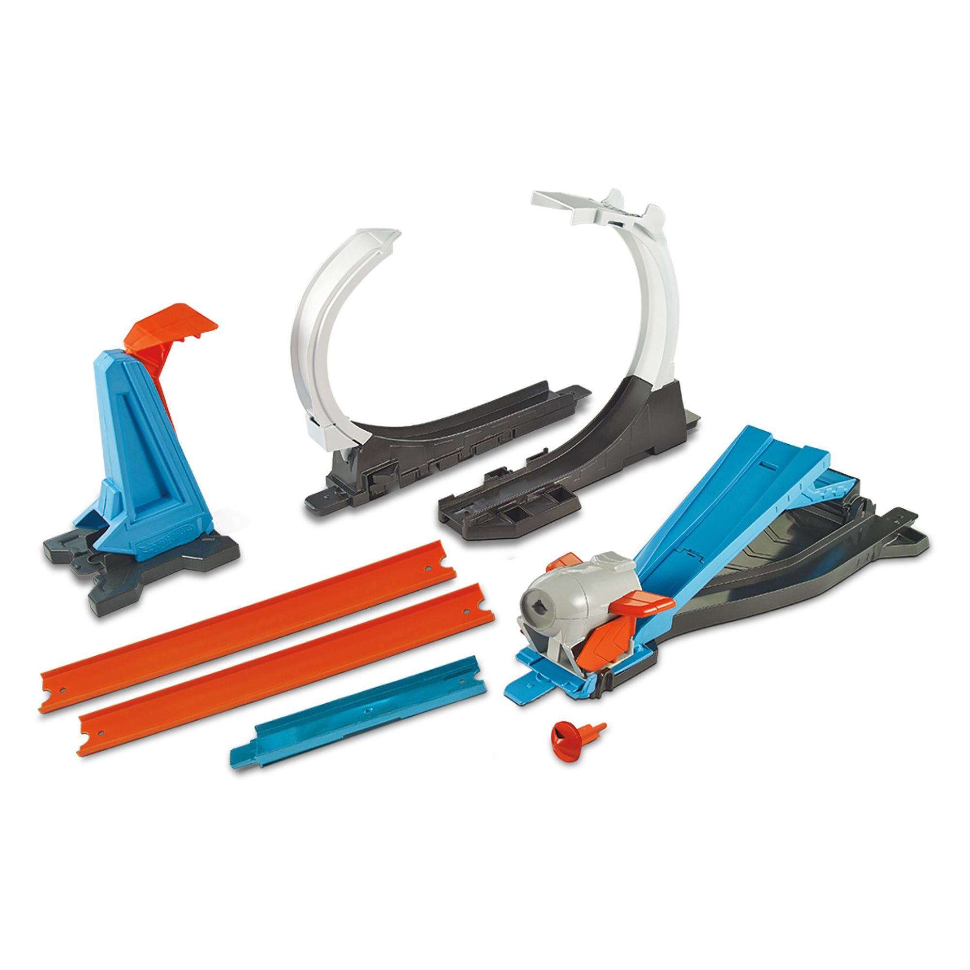 Zestaw torów Hot Wheels z wieloma elementami, w tym pętlami i torami.