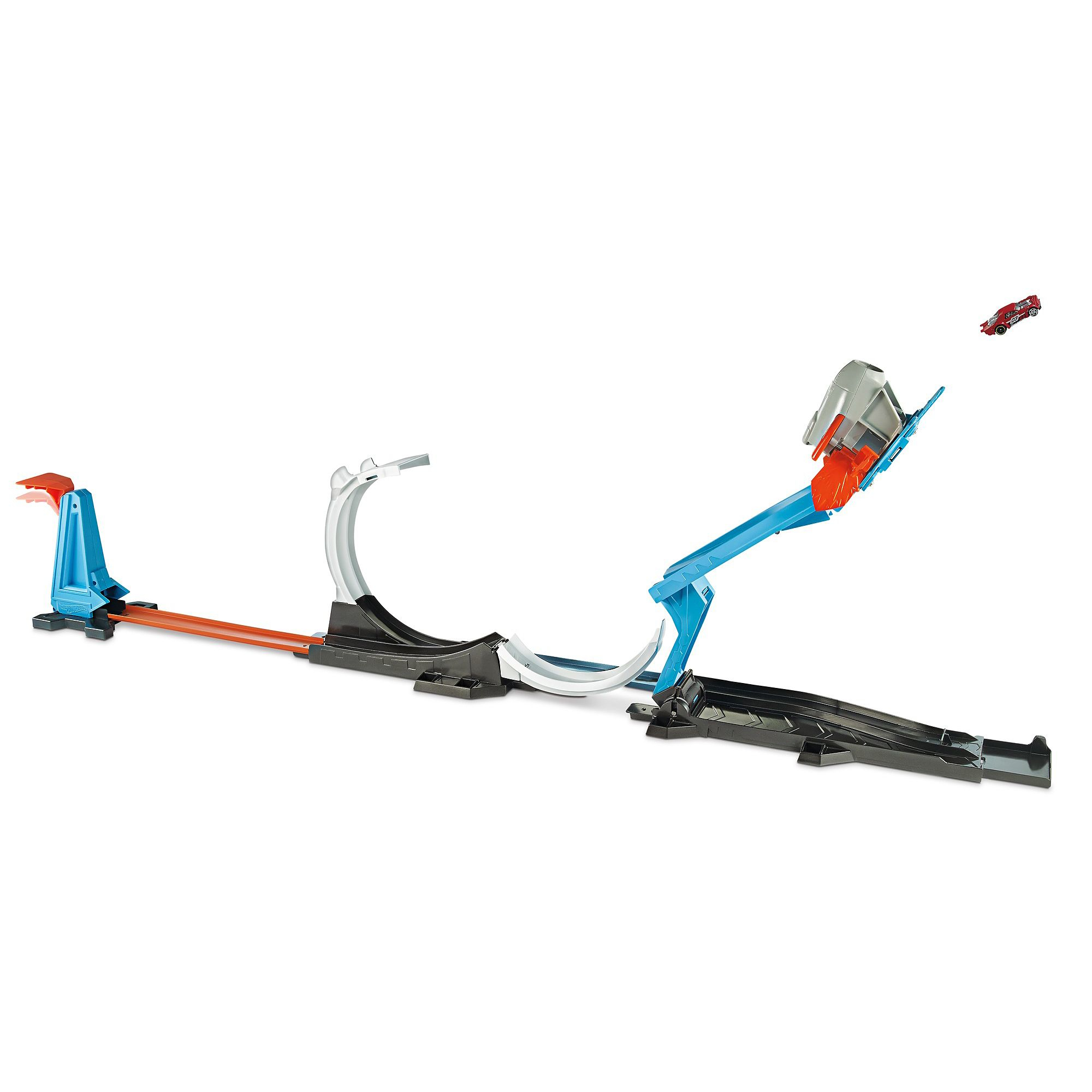 Zestaw torów dla samochodów Hot Wheels. Jest niebieski, szary i pomarańczowy. Czerwony samochód leci.