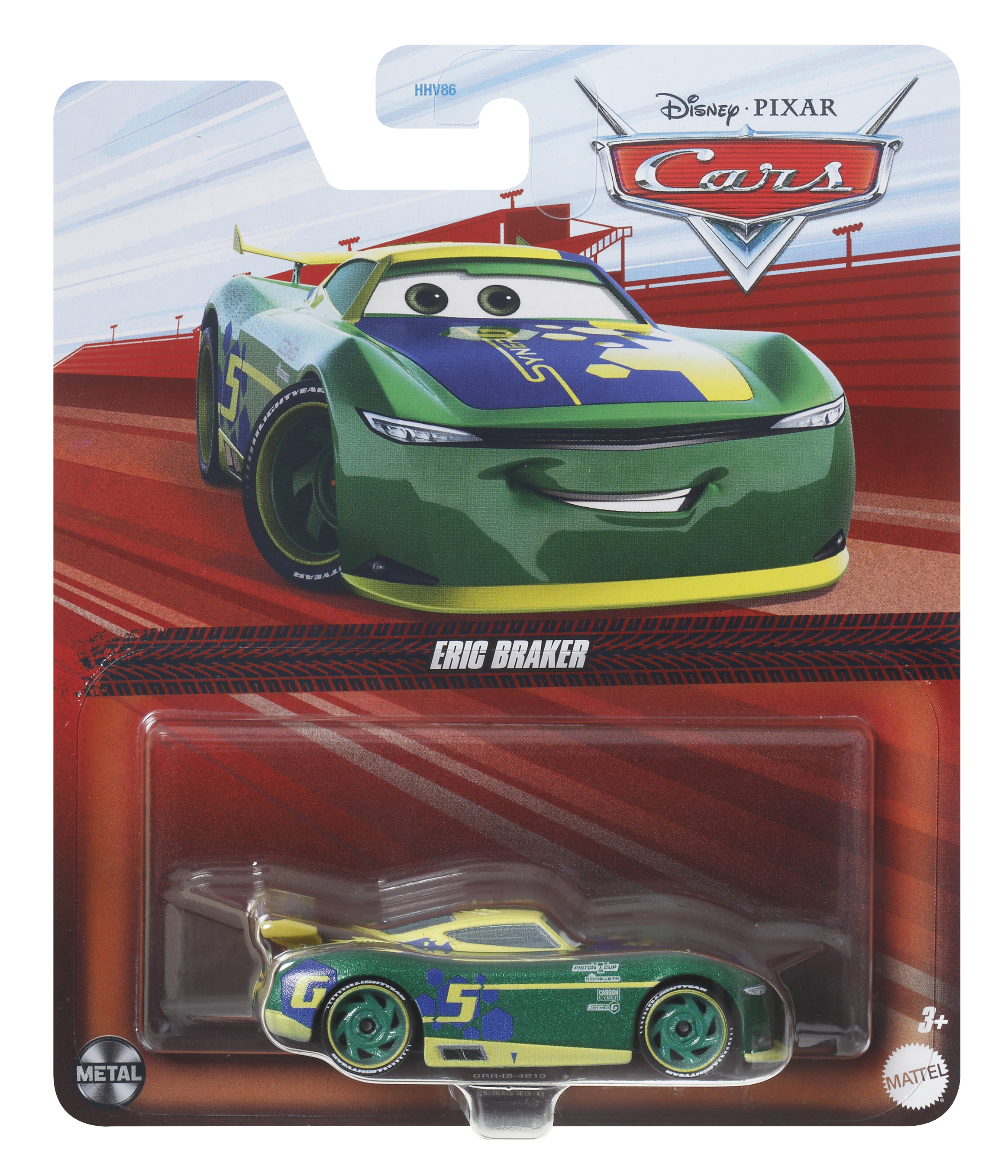 Ein Spielzeugauto in einer Verpackung mit grünem und gelbem Design auf rotem Hintergrund.