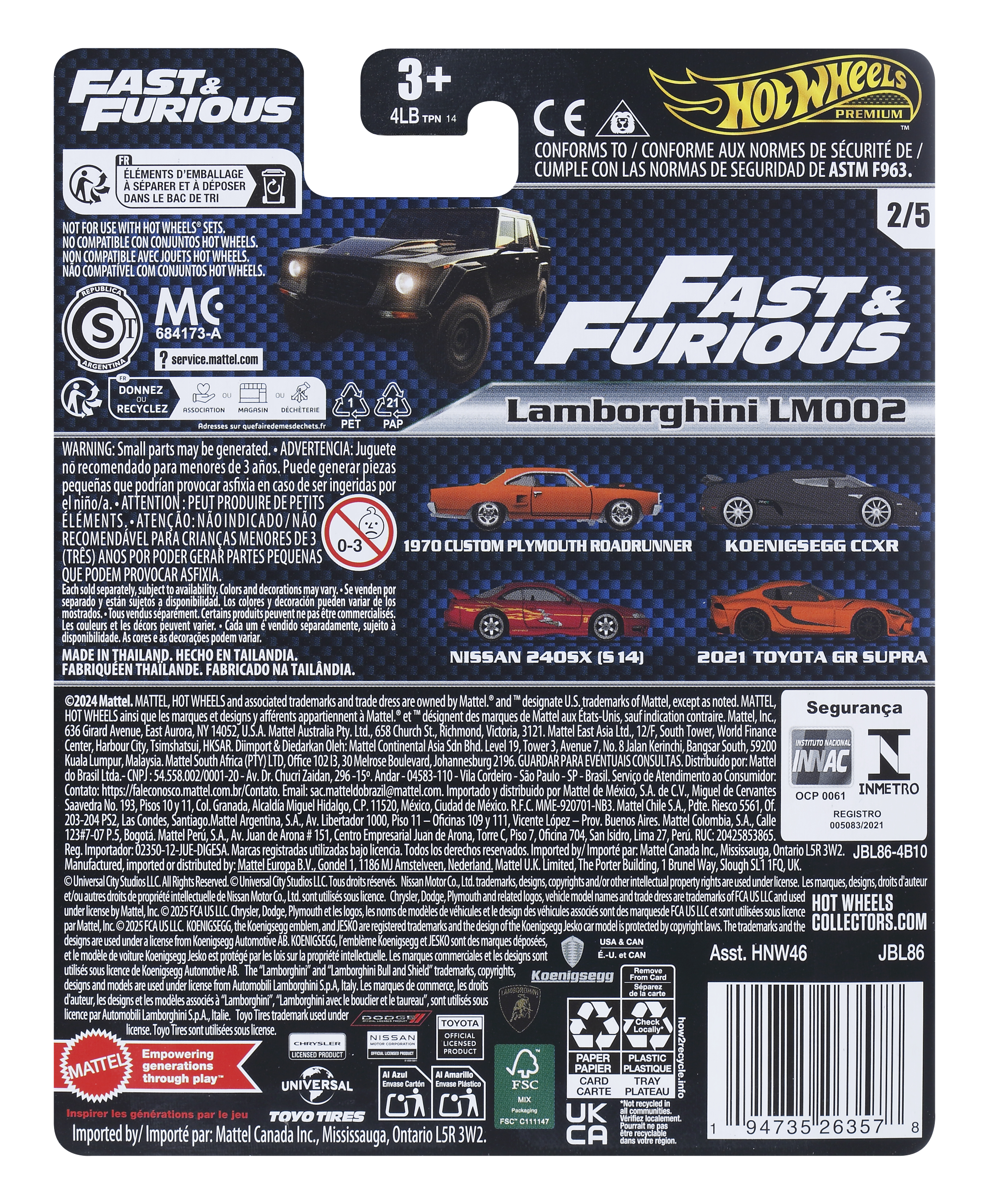 Rückseite einer Spielzeugauto-Verpackung mit kleinen Bildern von Autos und Text.