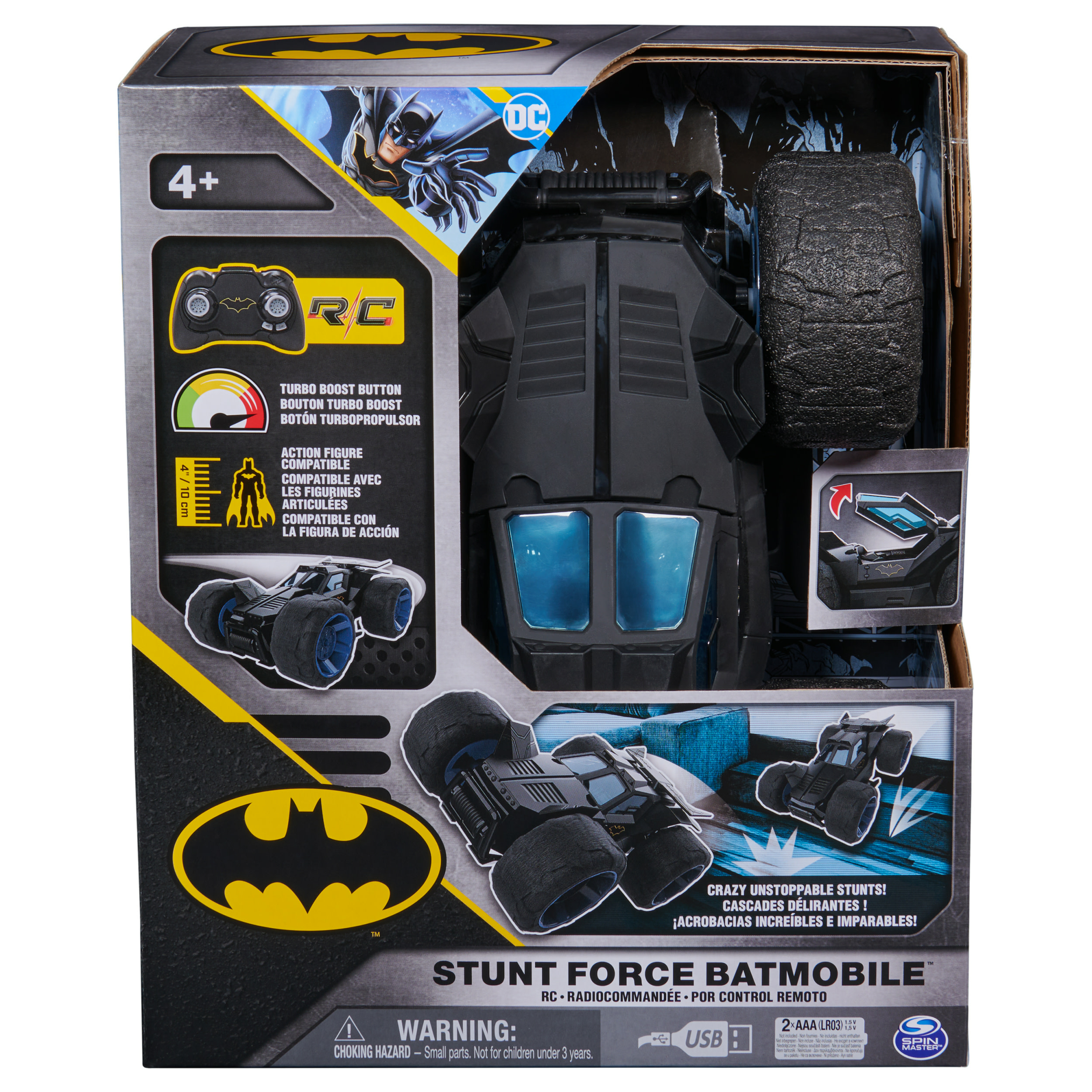 Coche de juguete RC Batman negro con una caja. La caja muestra el coche y sus características.