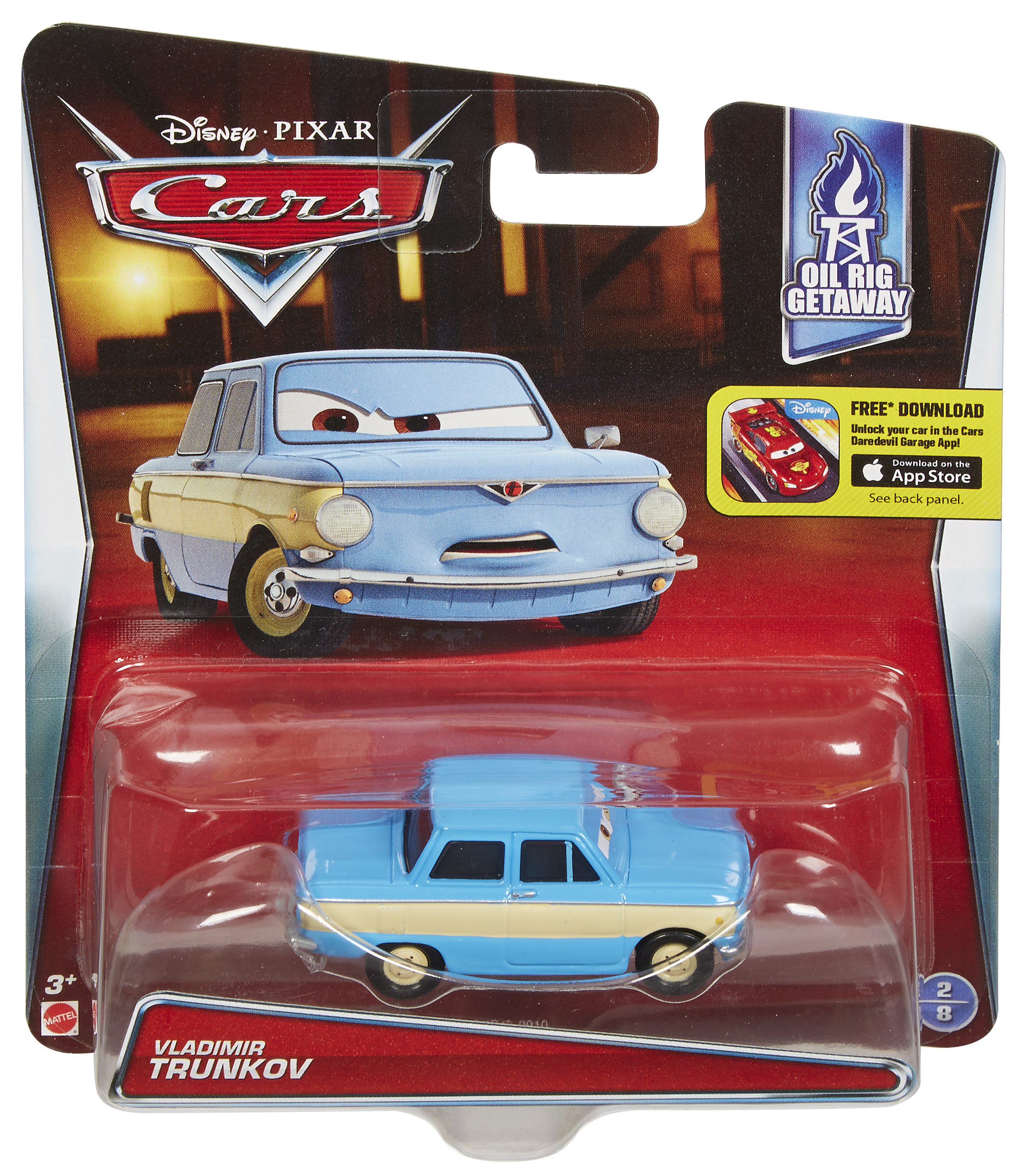 Hellblaues Spielzeugauto in Verpackung. Weißer und gelber Streifen an der Seite. Die Verpackung zeigt ein Cartoon-Auto.
