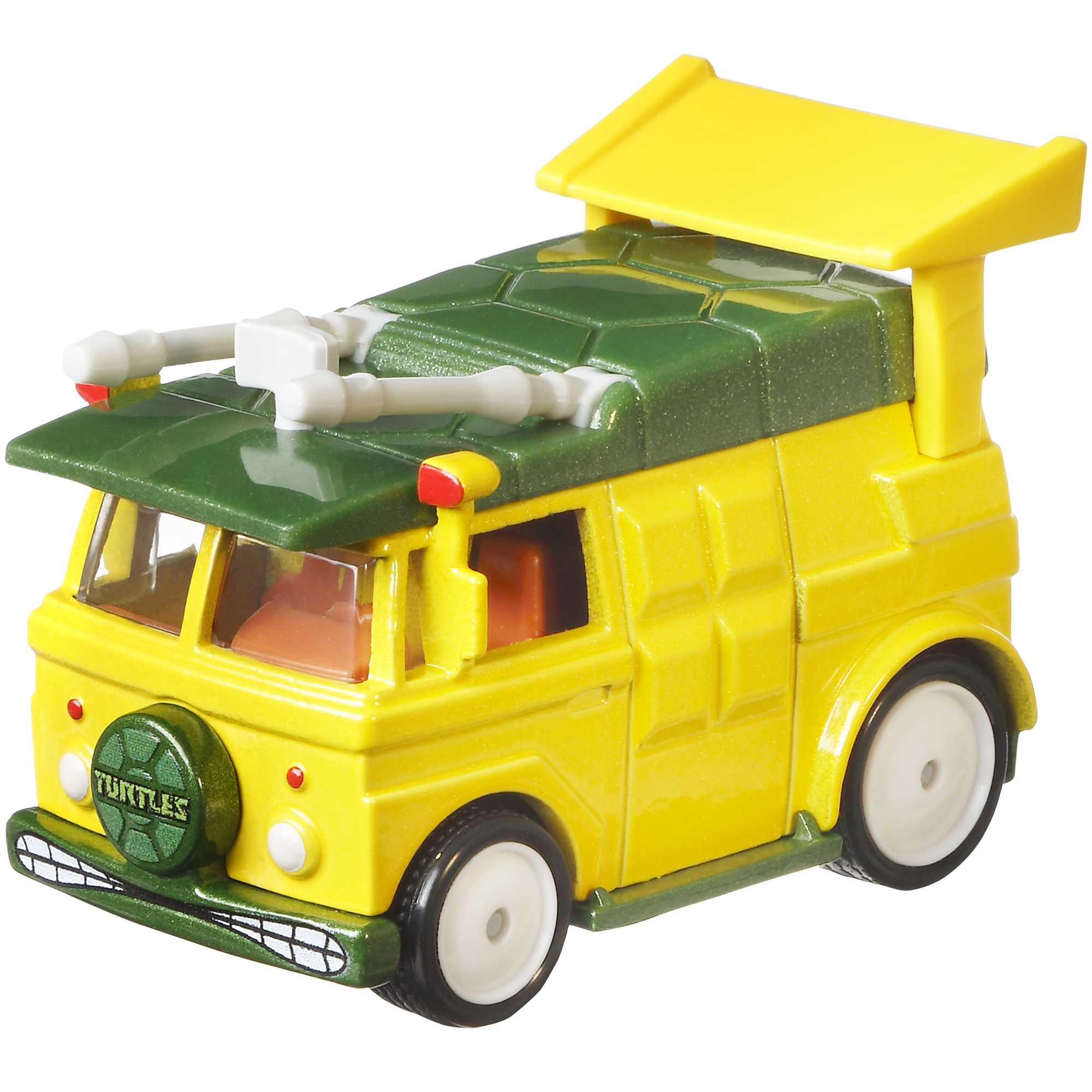 Furgone giocattolo giallo con tetto verde. Il furgone ha una porta laterale aperta e un oggetto bianco sul lato.