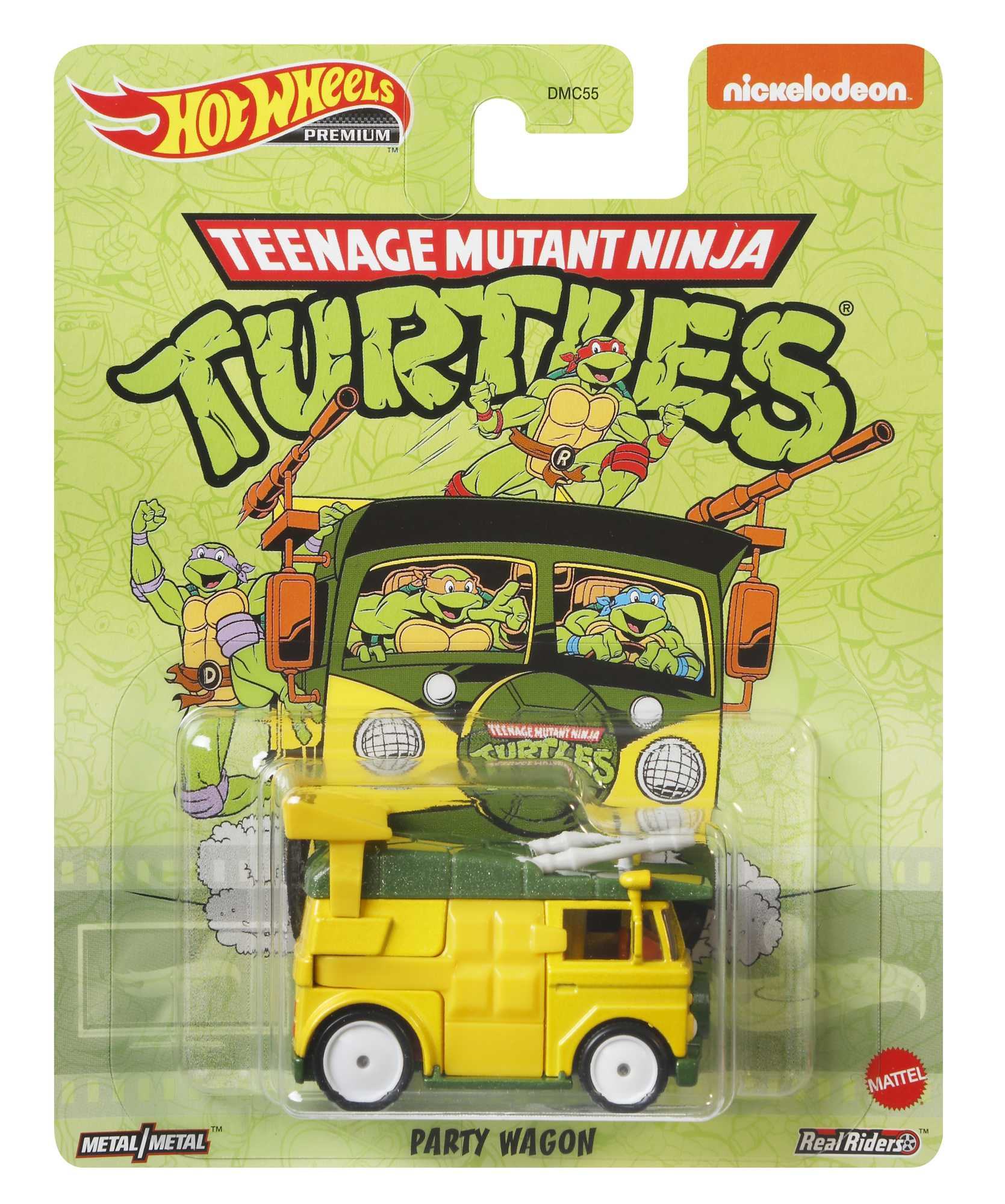 Furgoncino giocattolo giallo con tetto verde e design Tartarughe Ninja. La confezione contiene personaggi dei cartoni animati.