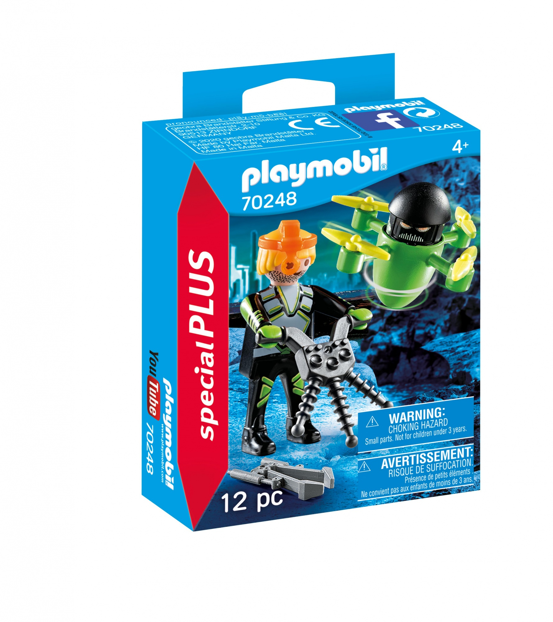Scatola Playmobil con personaggio, drone e accessori. Scatola blu con accento rosso. Il personaggio indossa un casco arancione e una tuta verde.
