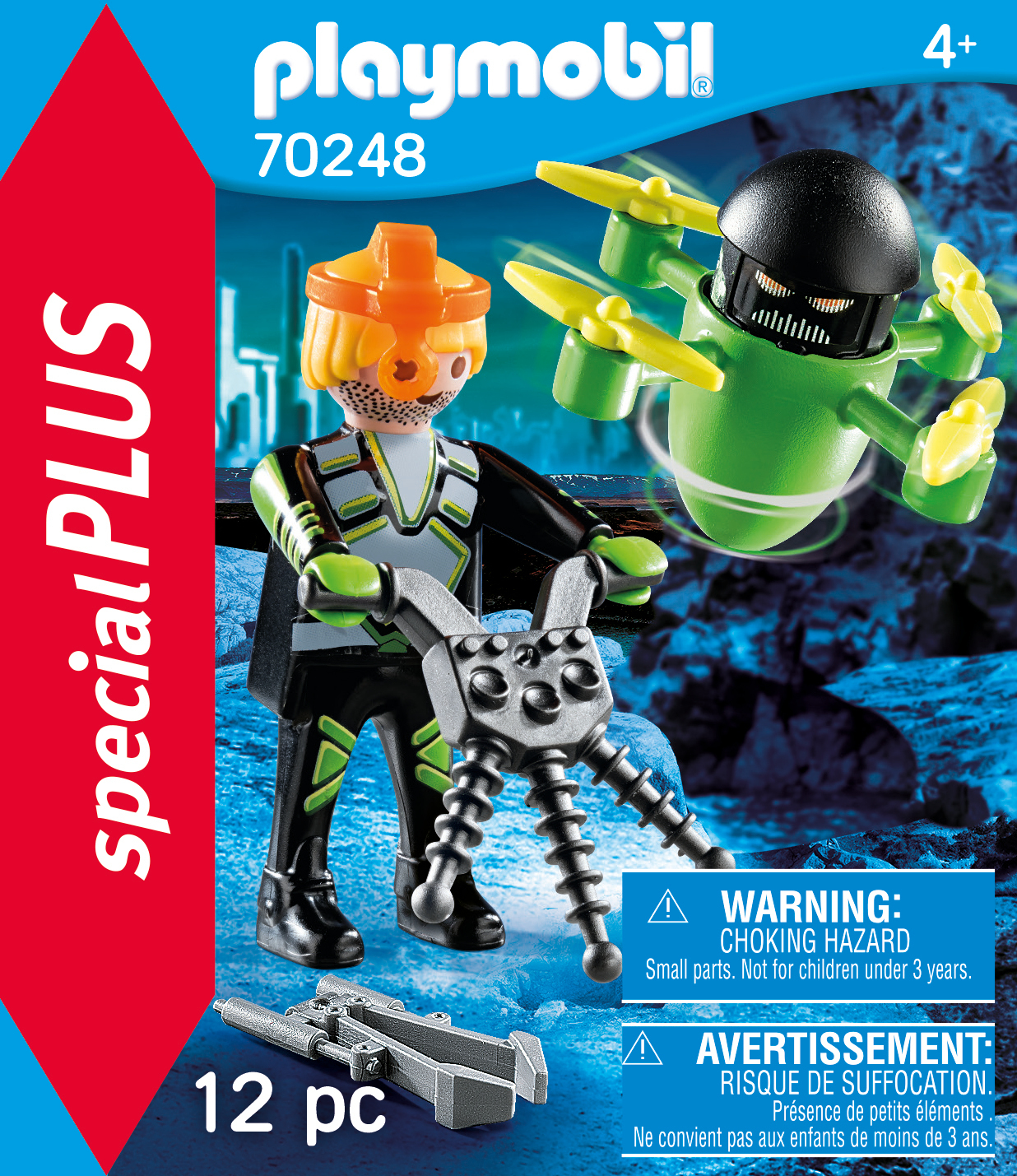 Personaggio Playmobil con abito futuristico, un drone verde e un'arma.