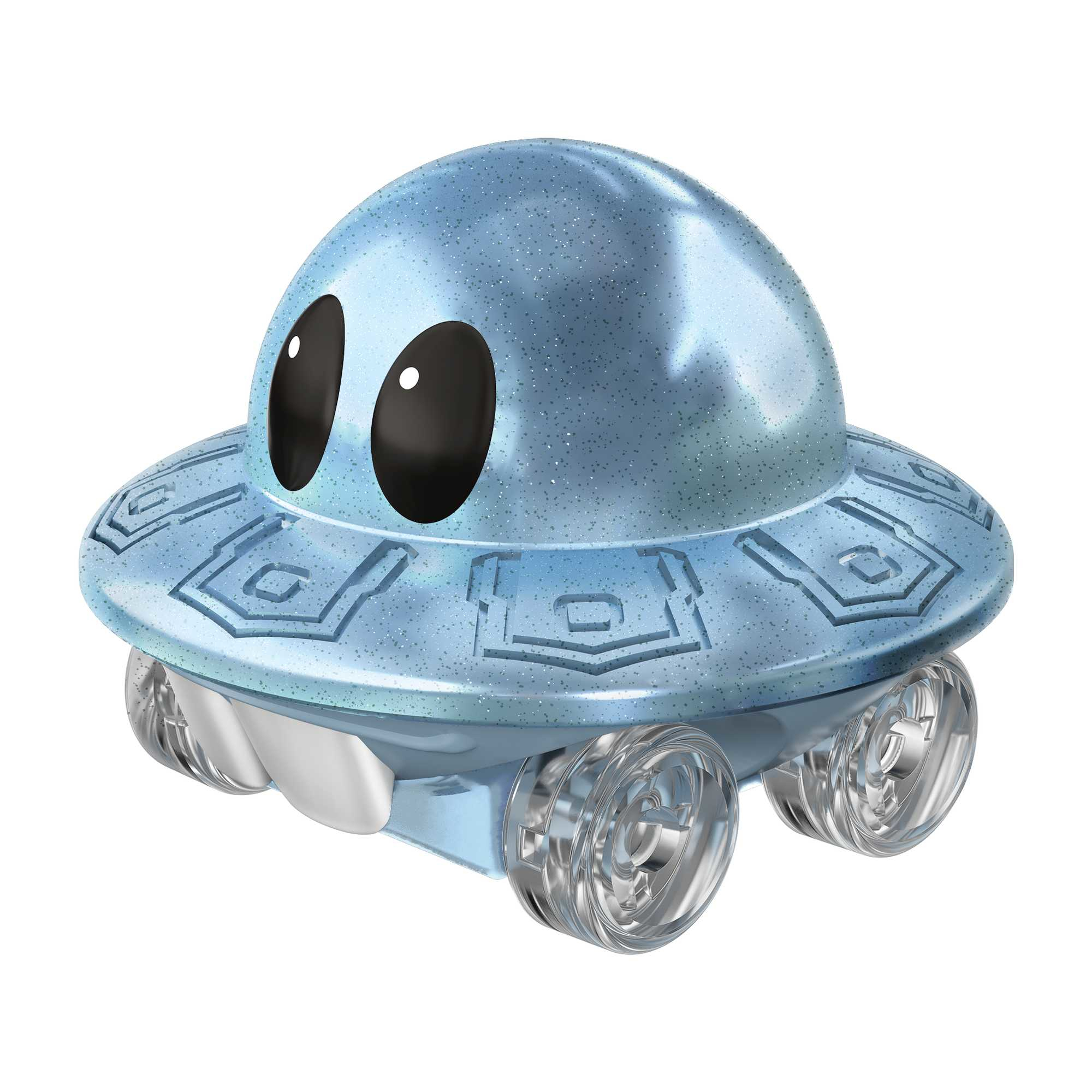 UFO giocattolo blu con occhi grandi e ruote trasparenti.