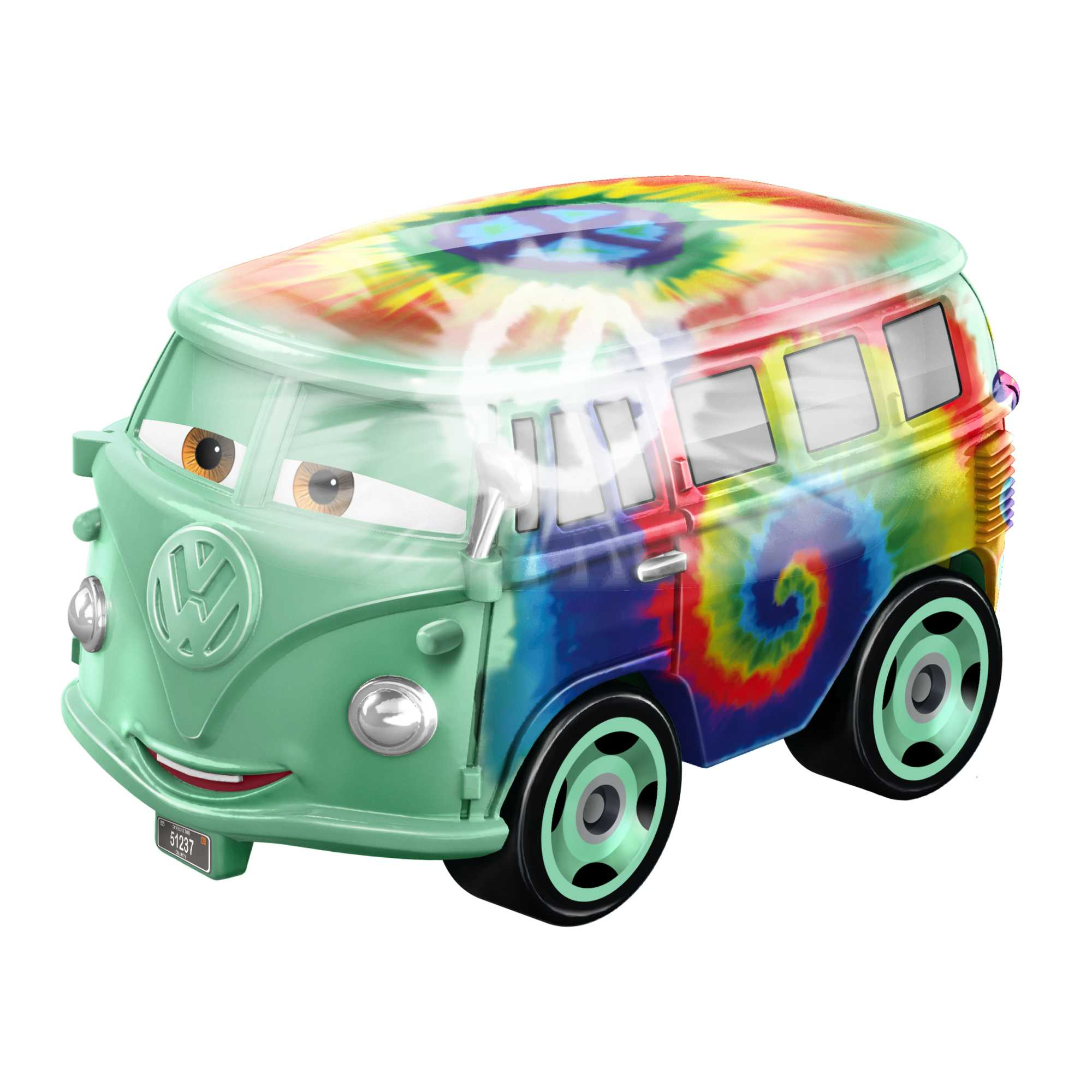 Un furgone giocattolo verde con un design tie-dye del film Disney Cars. Ha una faccia sorridente.
