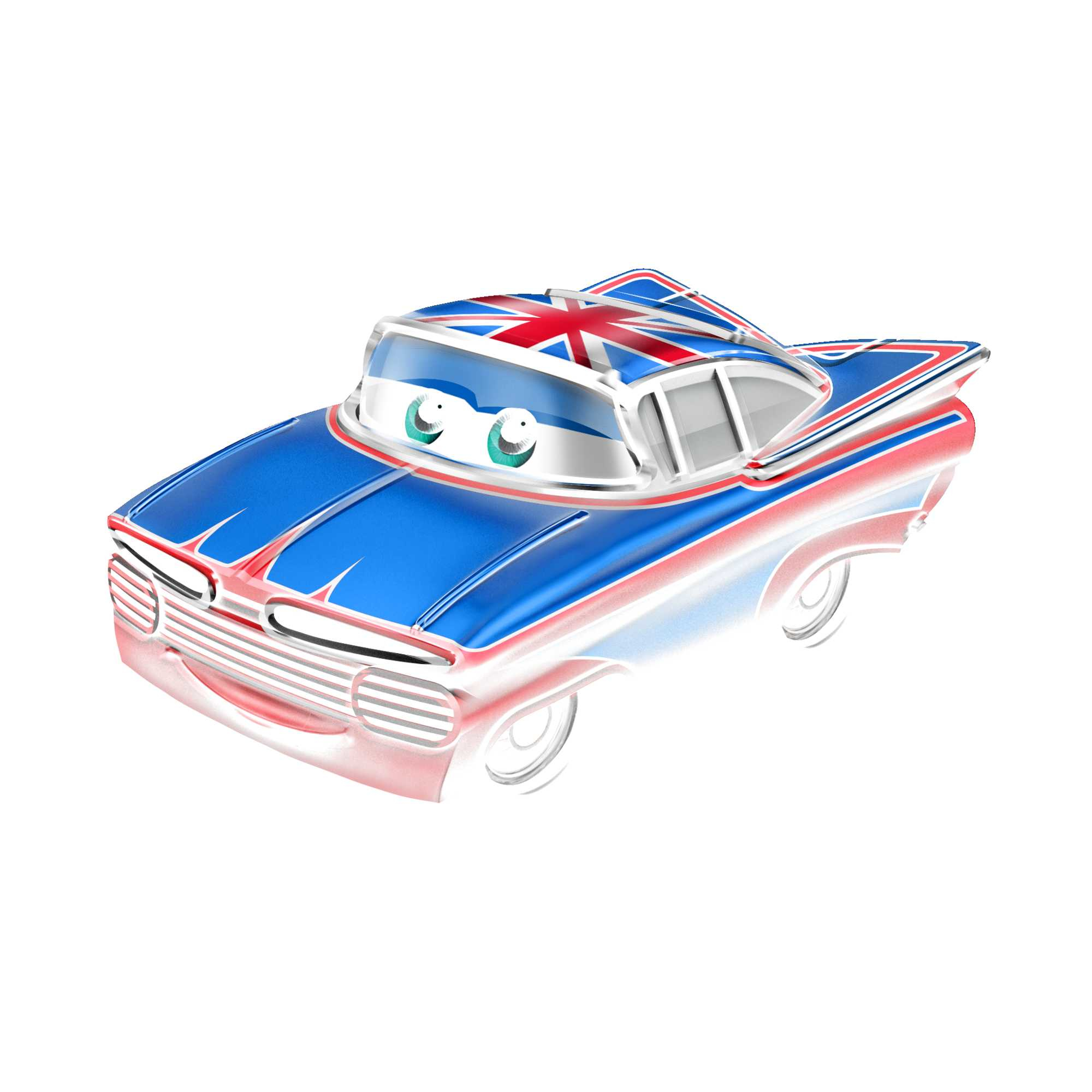 Auto giocattolo blu con bandiera britannica sul tetto.