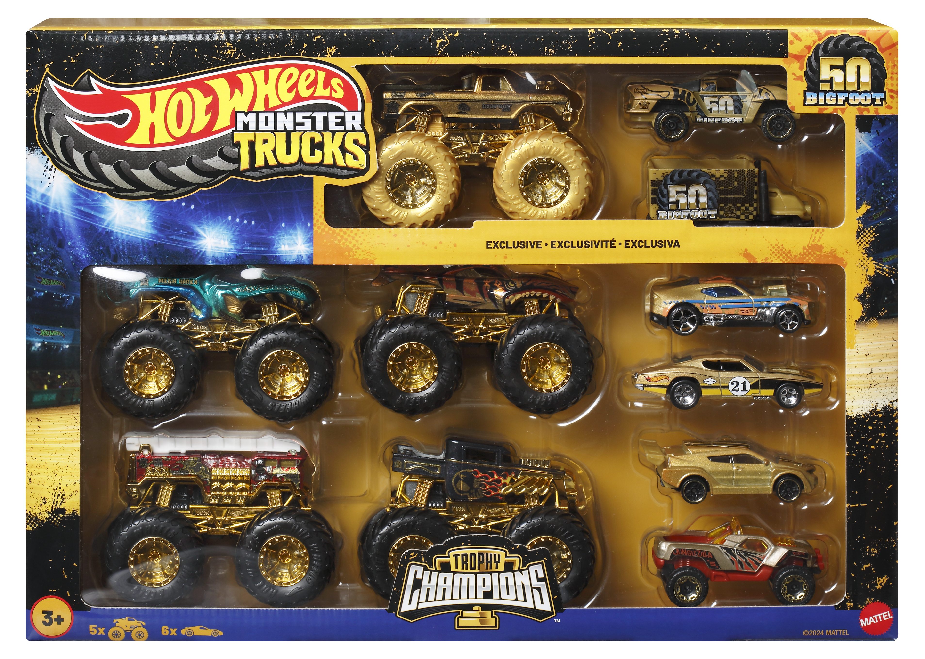 Ein Spielzeugset mit Hot Wheels Monstertrucks in einer Displaybox.