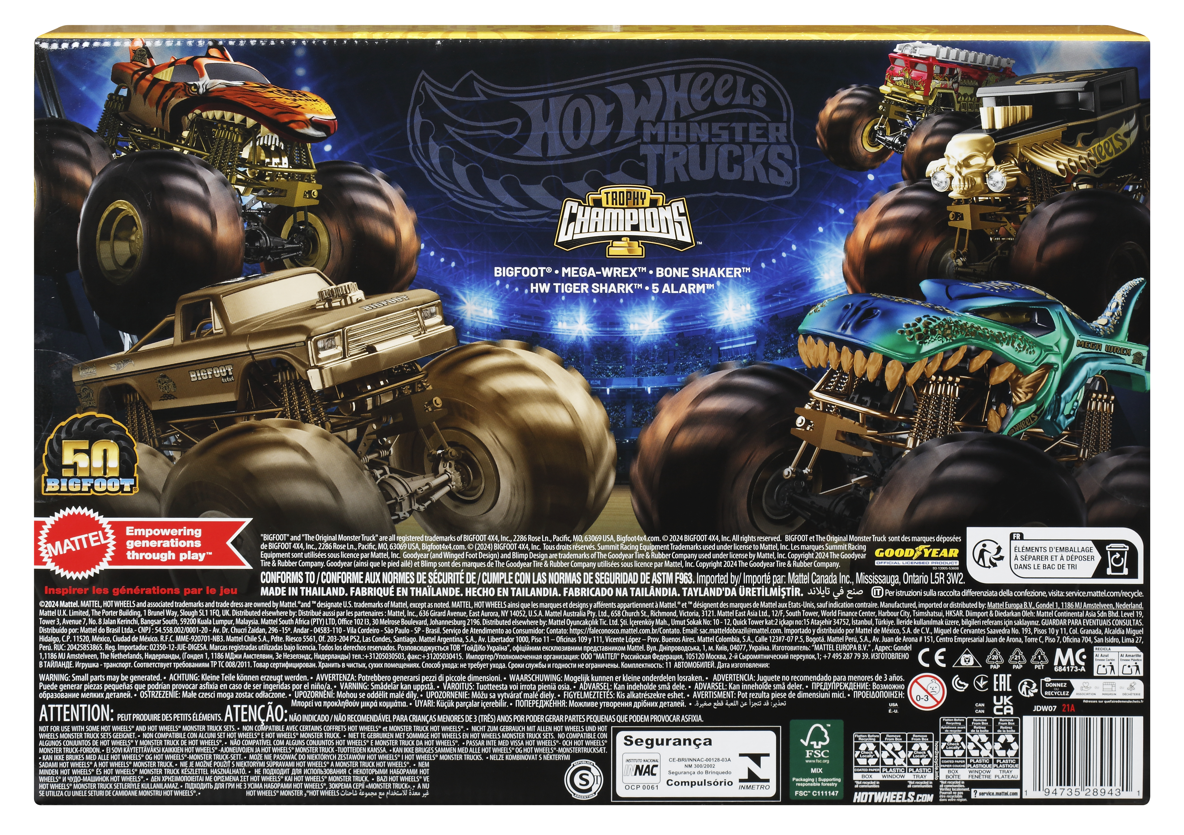 Rückseite einer Hot Wheels-Box mit Monster-Truck-Bildern und Text über das Produkt.