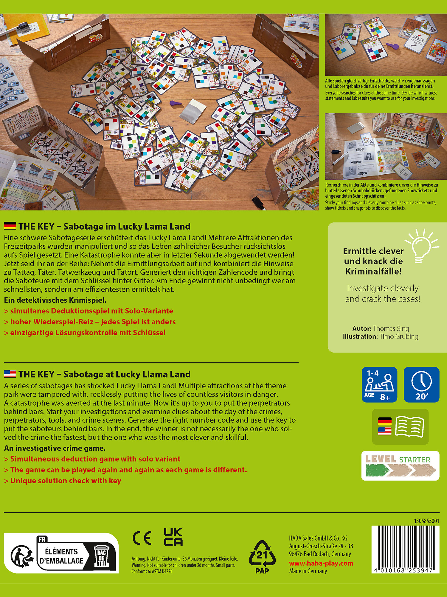 Spielbox mit dem Titel The Key - Sabotage at Lucky Lama Land. Zeigt ein Spielbrett und Karten. Text auf Deutsch.