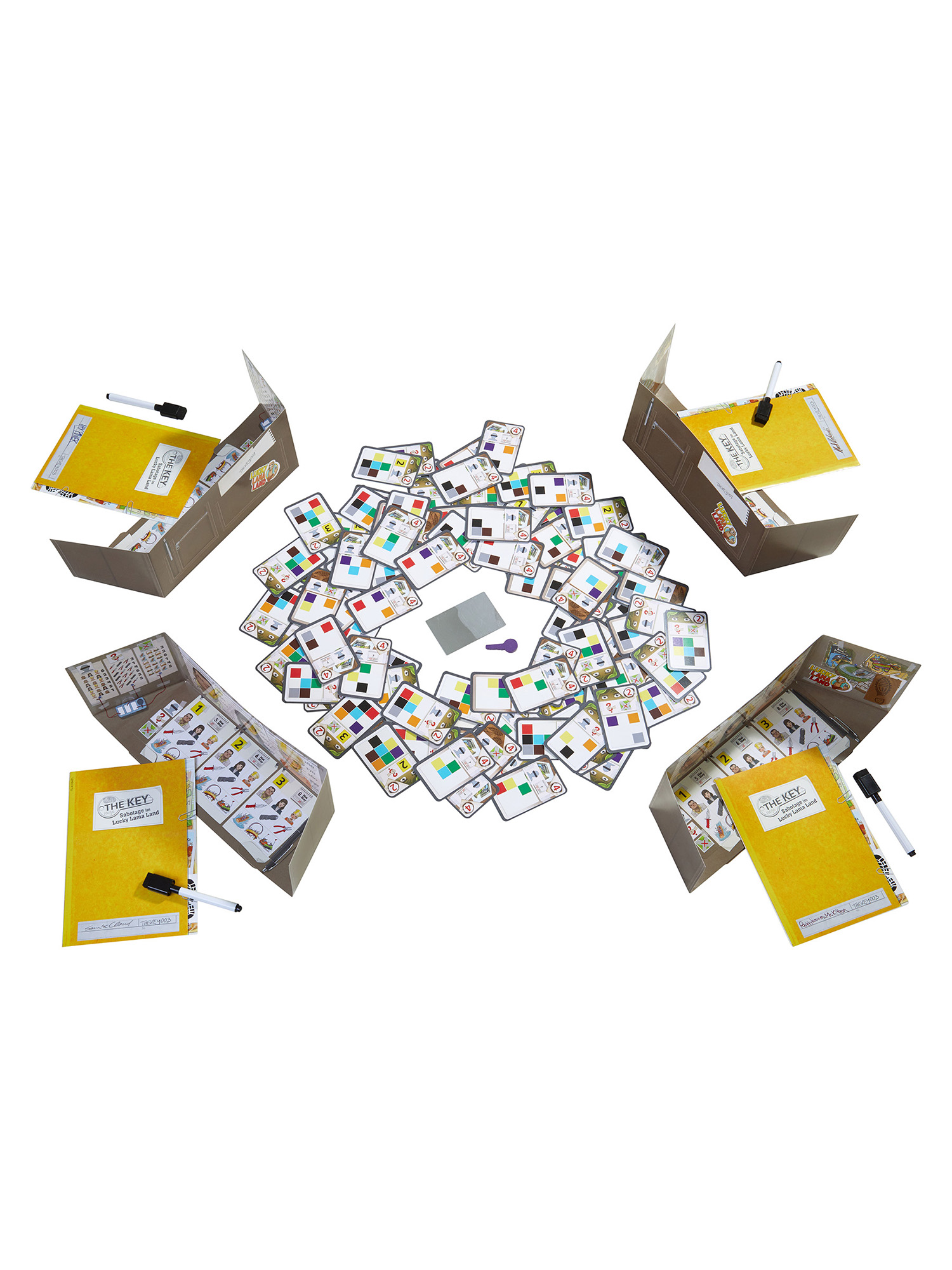 Ein Brettspiel mit Karten und einem Puzzlebrett, mit bunten Bildern und Teilen.