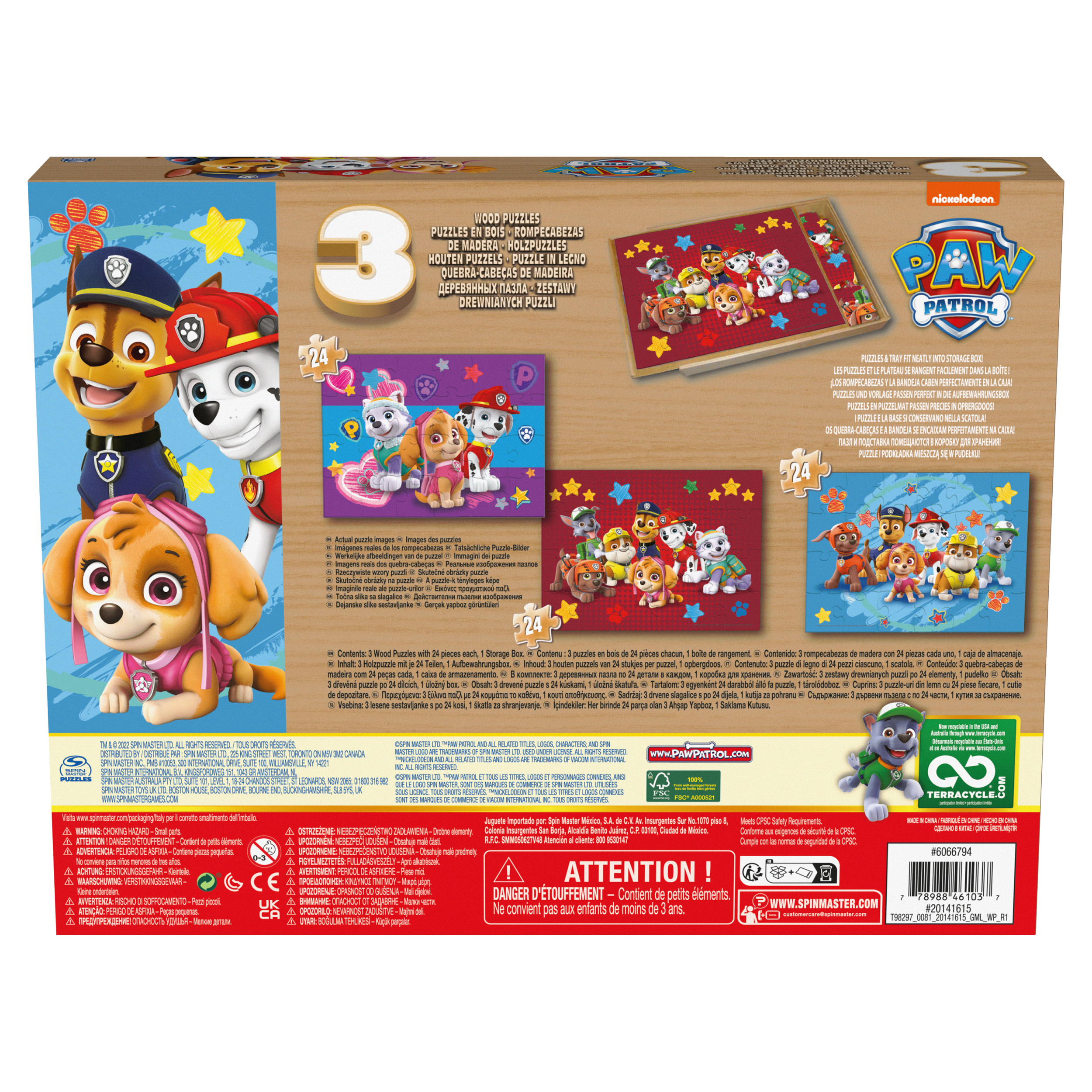 Tył pudełka z puzzlami Paw Patrol z różnymi puzzlami w środku. Szczeniaki są na opakowaniu.