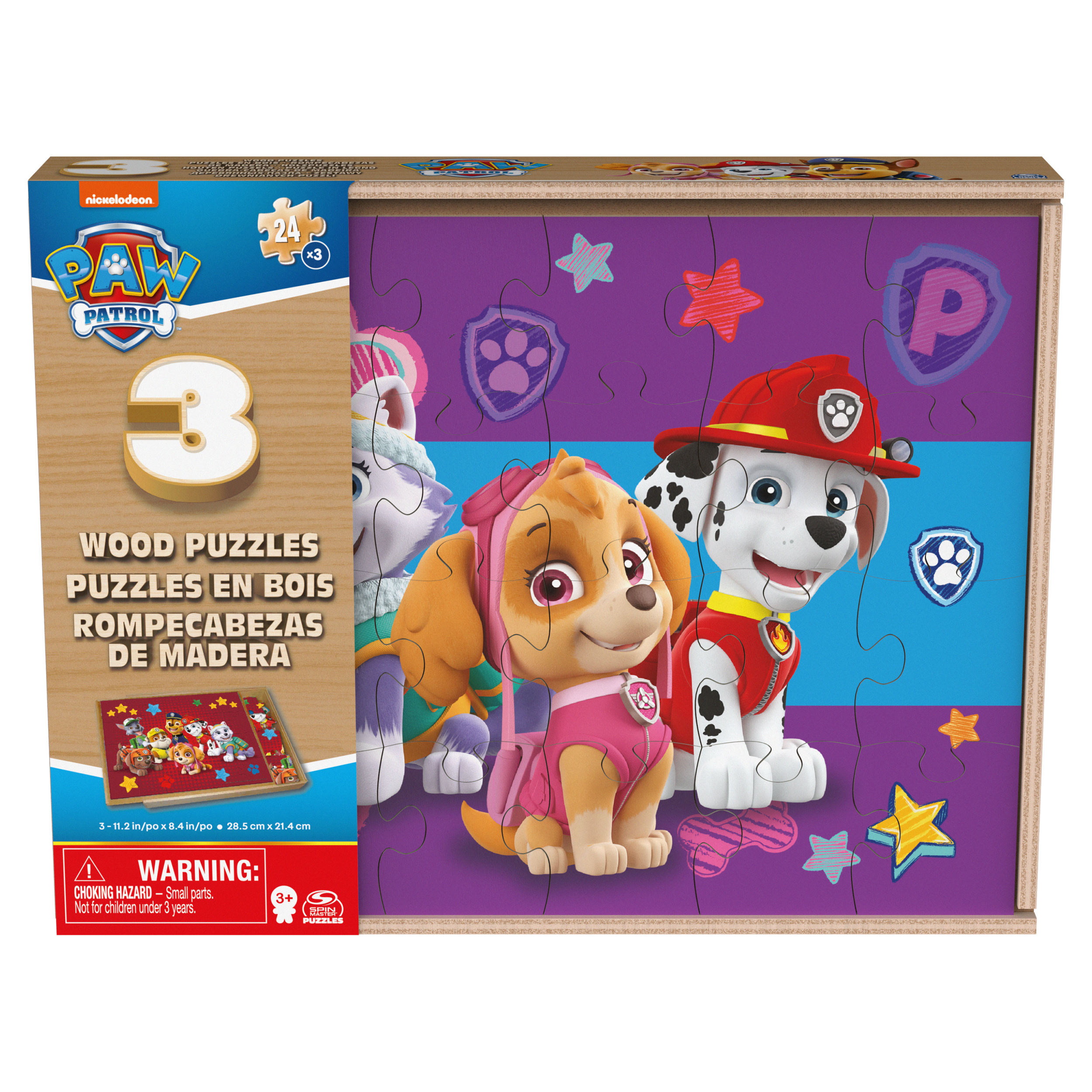 Drewniane pudełko z puzzlami Paw Patrol z trzema szczeniakami. Skye, Marshall i Everest z przodu.