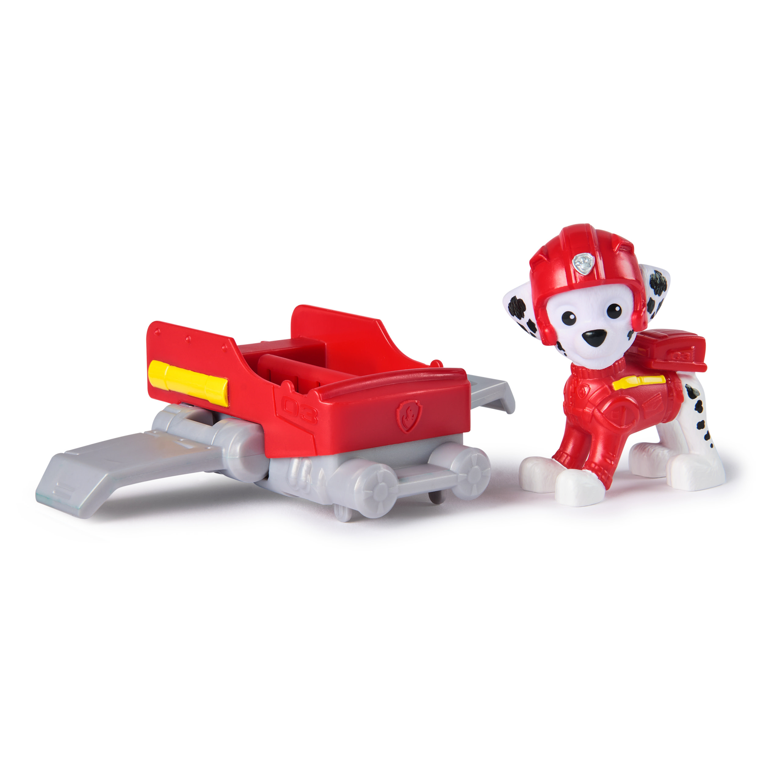 Eine Paw Patrol Spielfigur mit rotem Fahrzeug und Jetpack. Die Figur trägt einen Helm.