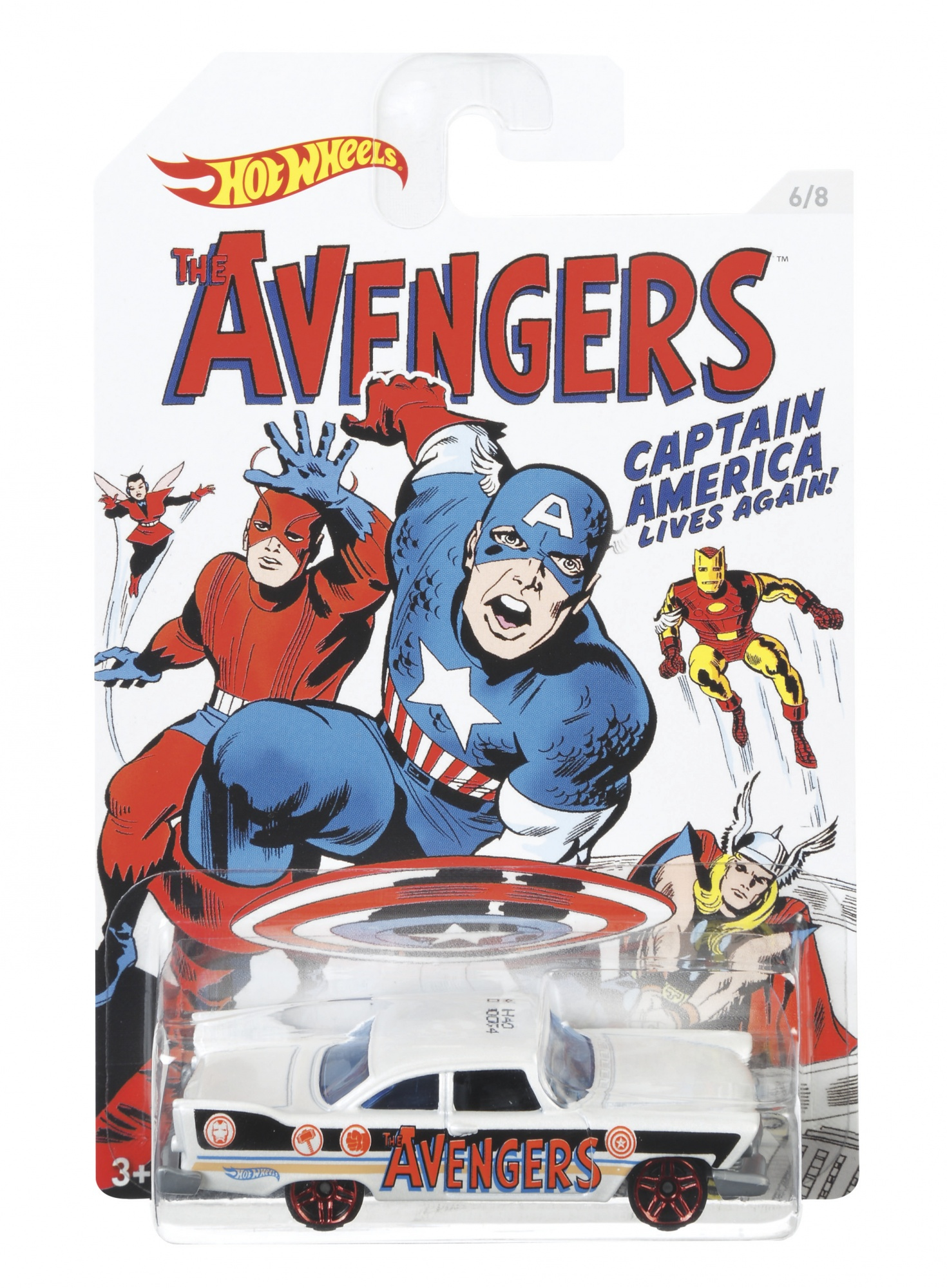 Eine Spielzeugauto-Verpackung mit Comic-Cover der Avengers mit weißem Auto, auf Weiß.