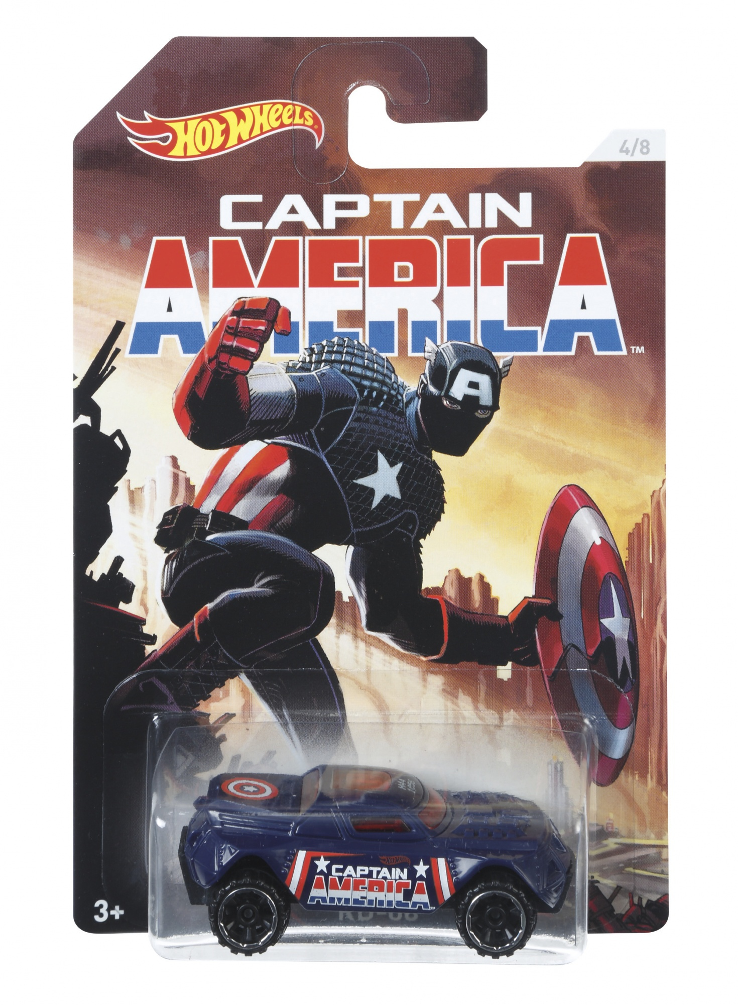 Ein Hot Wheels Captain America-Auto verpackt auf einer Karte mit Captain America-Kunst. Es steht 4/8 darauf.