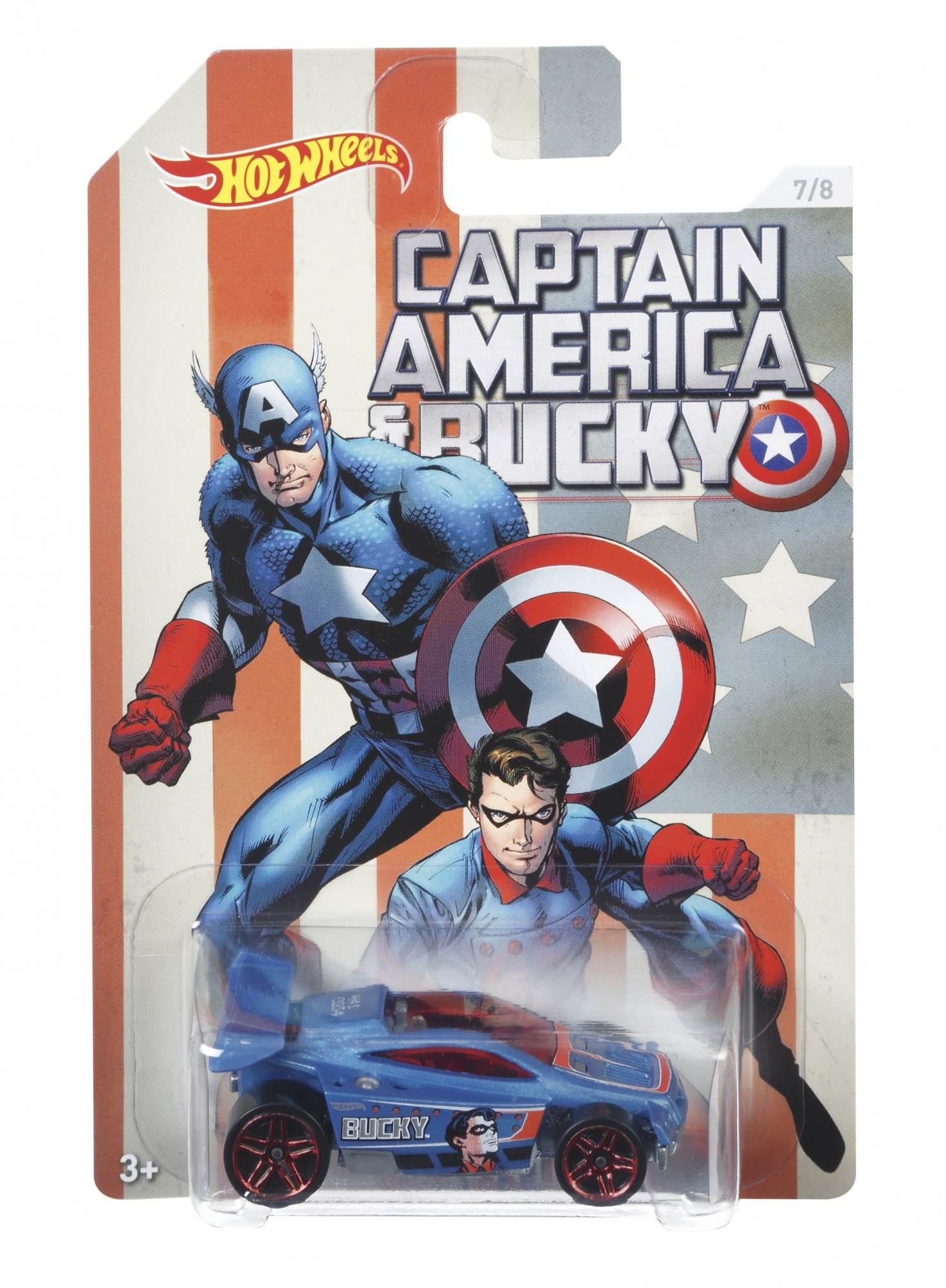 Ein Hot Wheels Captain America und Bucky Auto, verpackt auf einer Karte mit Captain America-Kunst. Es steht 7/8.