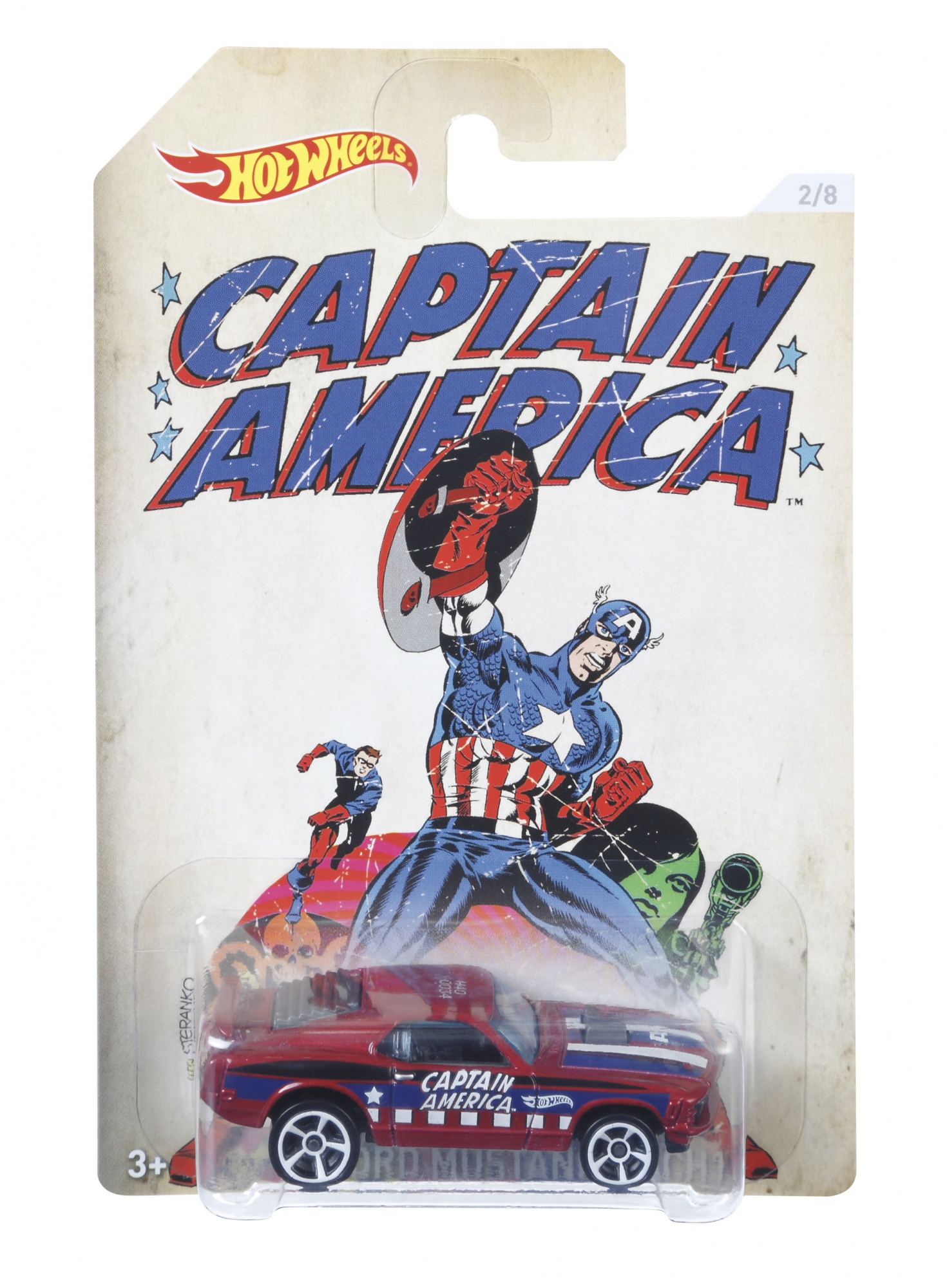 Eine Spielzeugauto-Verpackung mit Captain America Comic-Cover mit rotem Auto, auf weißem Hintergrund.