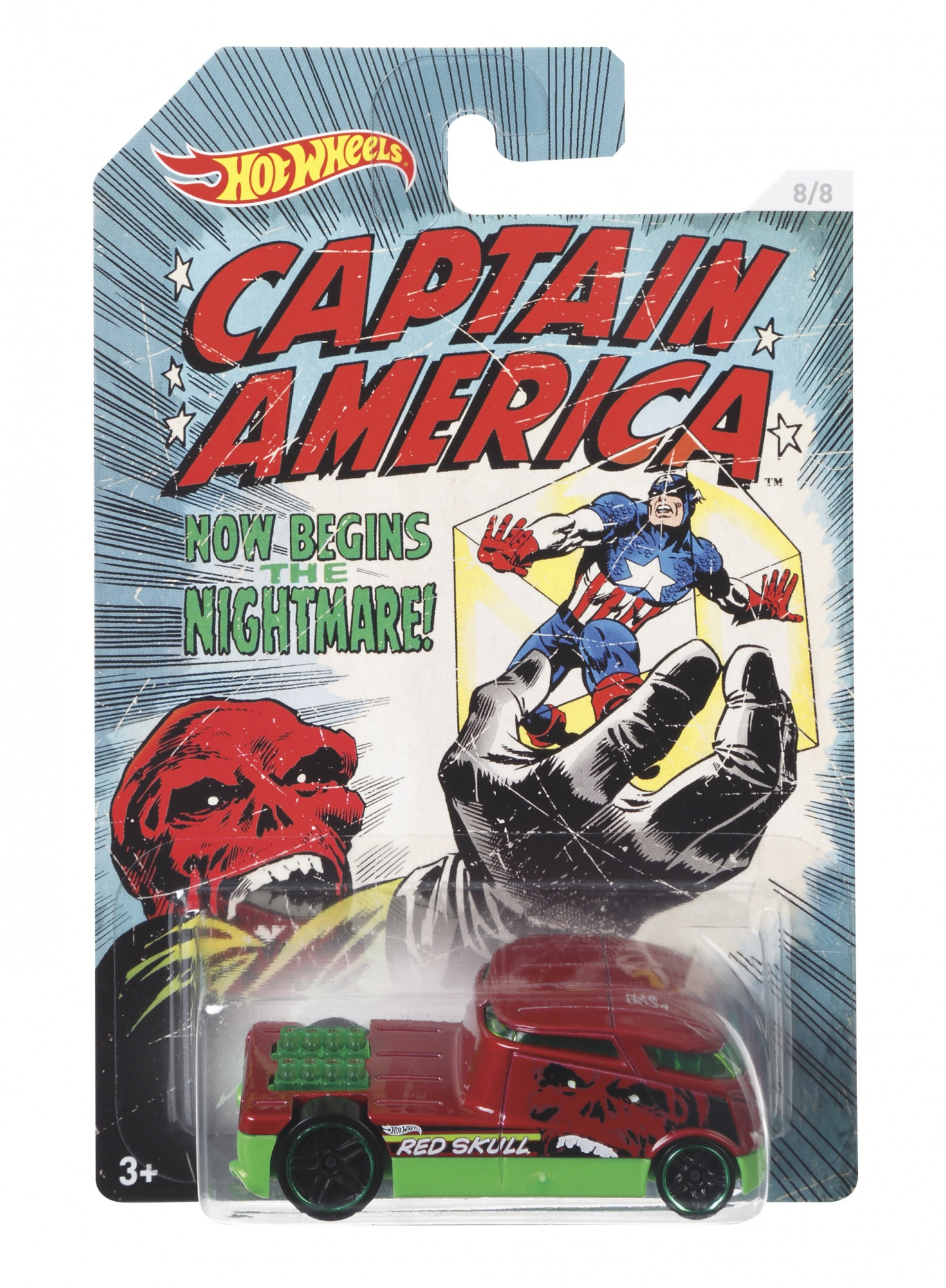 Eine Hot Wheels-Autoverpackung zeigt Captain America und Red Skull. Der Spielzeug-Truck ist rot, grün und schwarz.