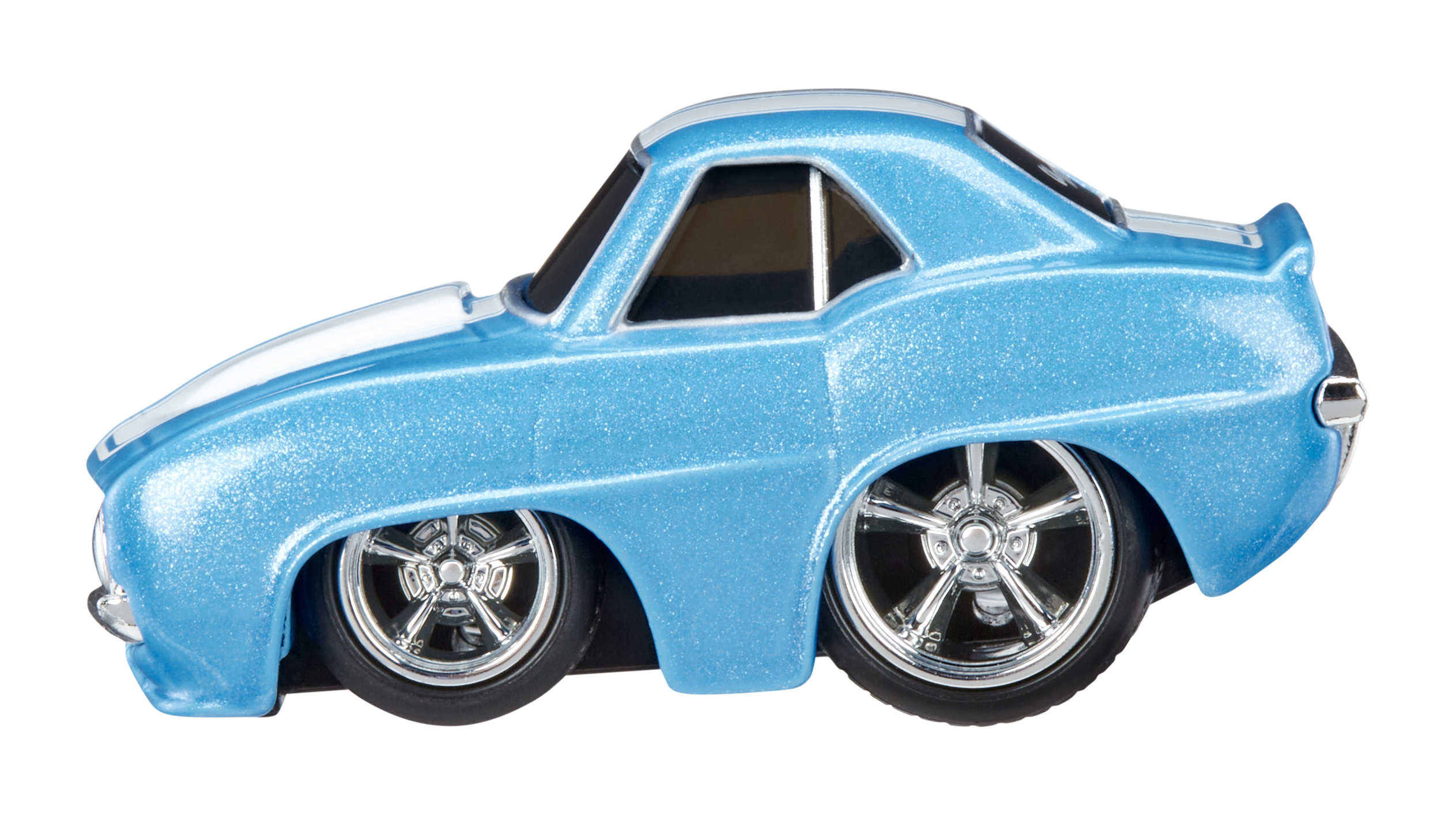Coche de juguete azul claro con rayas blancas. Tiene ruedas cromadas.