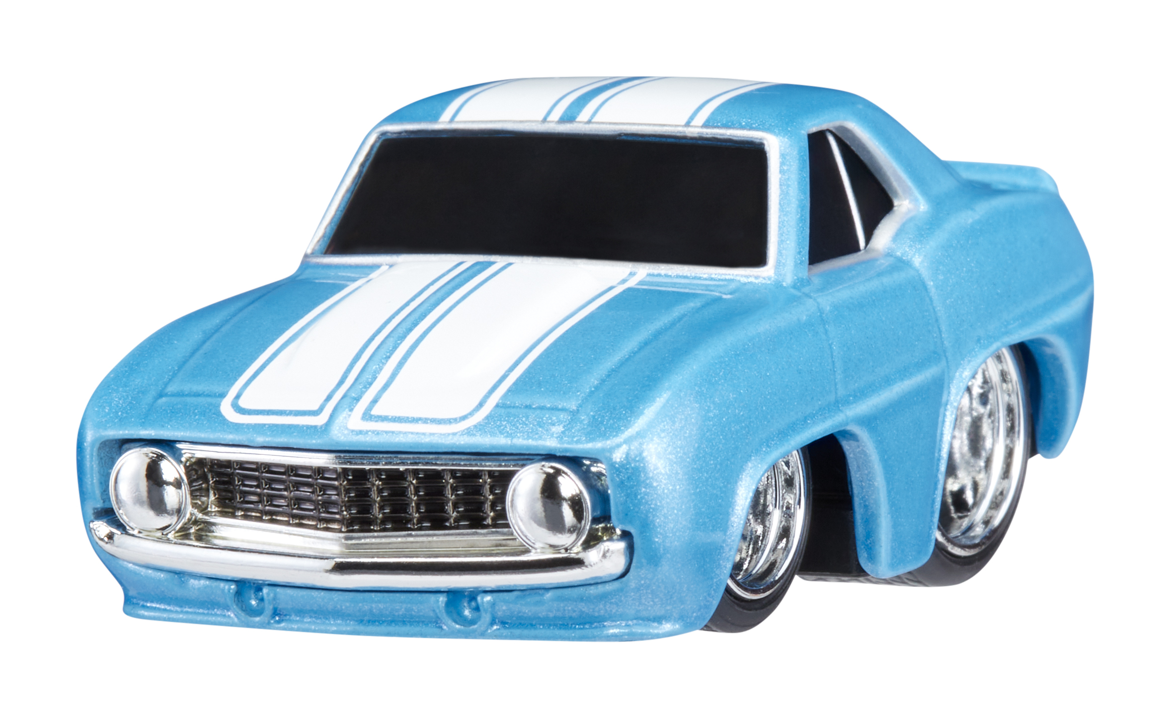Coche de juguete azul con rayas blancas, detalles cromados. Estilo muscle car clásico.