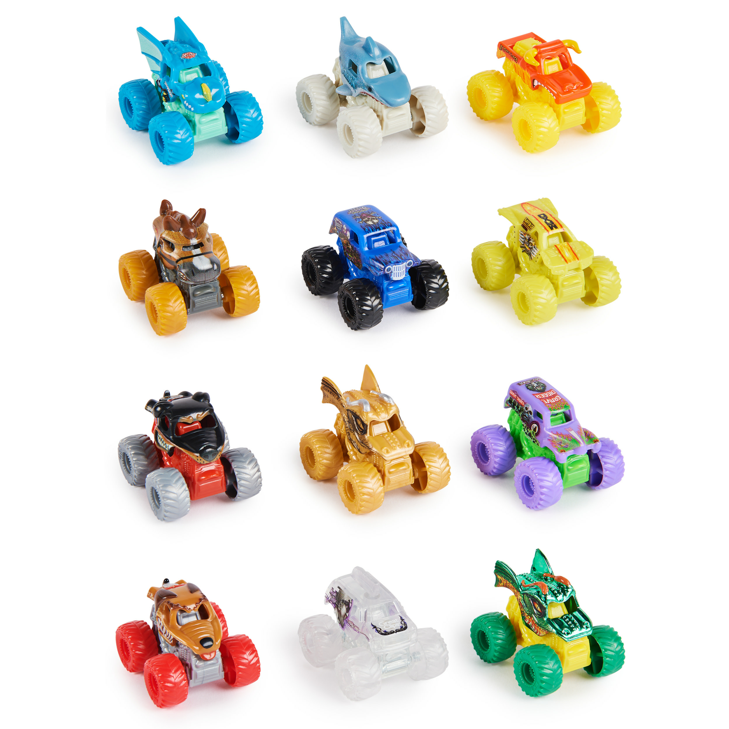 Una colección de camiones monstruo de juguete en varios colores. Están en una disposición de cuadrícula sobre una superficie blanca.